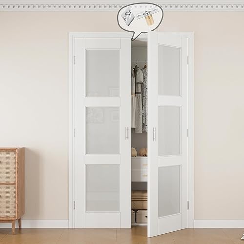 Puertas francesas con cierre de bola de 36 x 80 pulgadas, 3 paneles de vidrio esmerilado de núcleo sólido preacabadas y pintables puertas dobles con