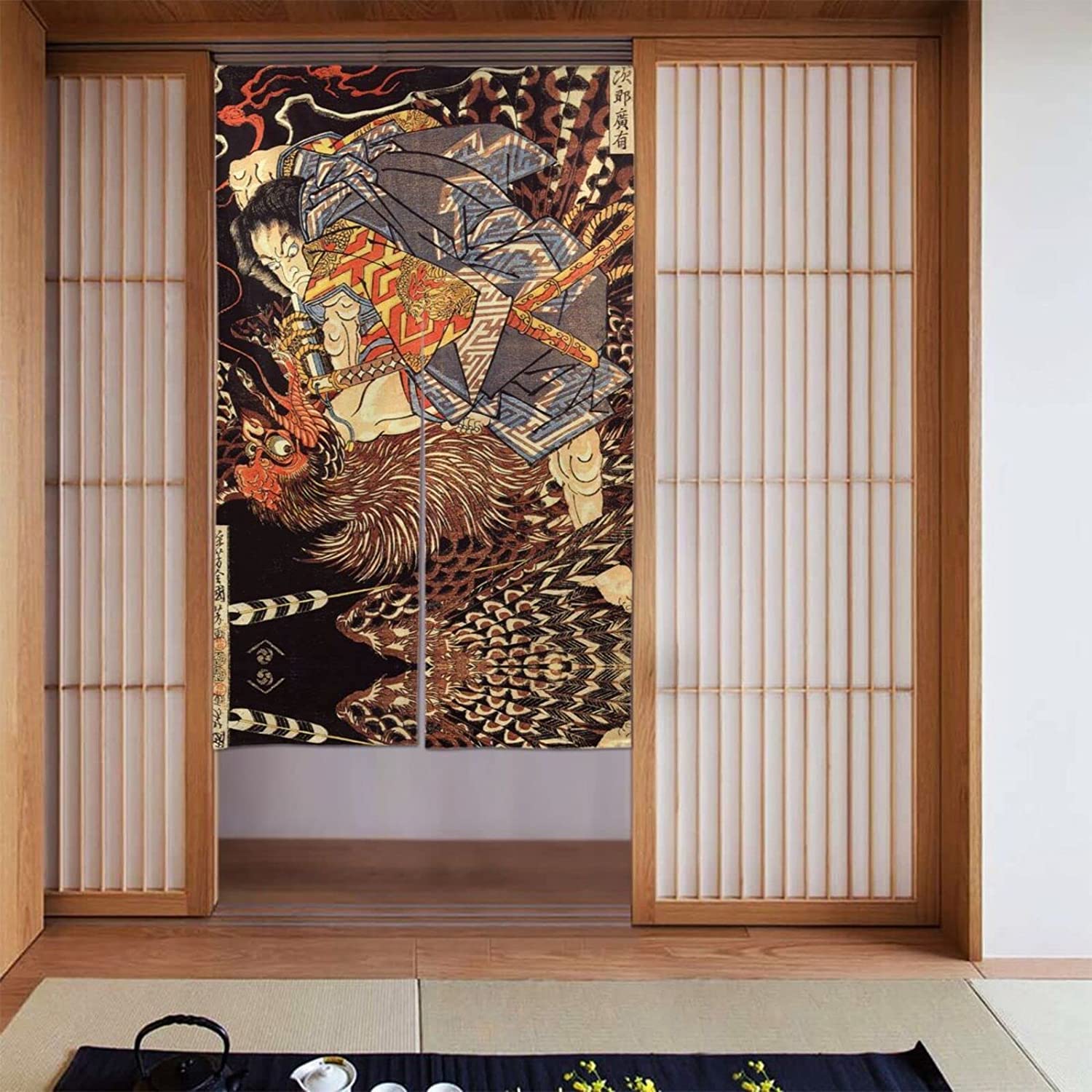 Amazon｜のれん おしゃれ 目隠し 暖簾 和風 怪鳥退治 妖怪の浮世絵画