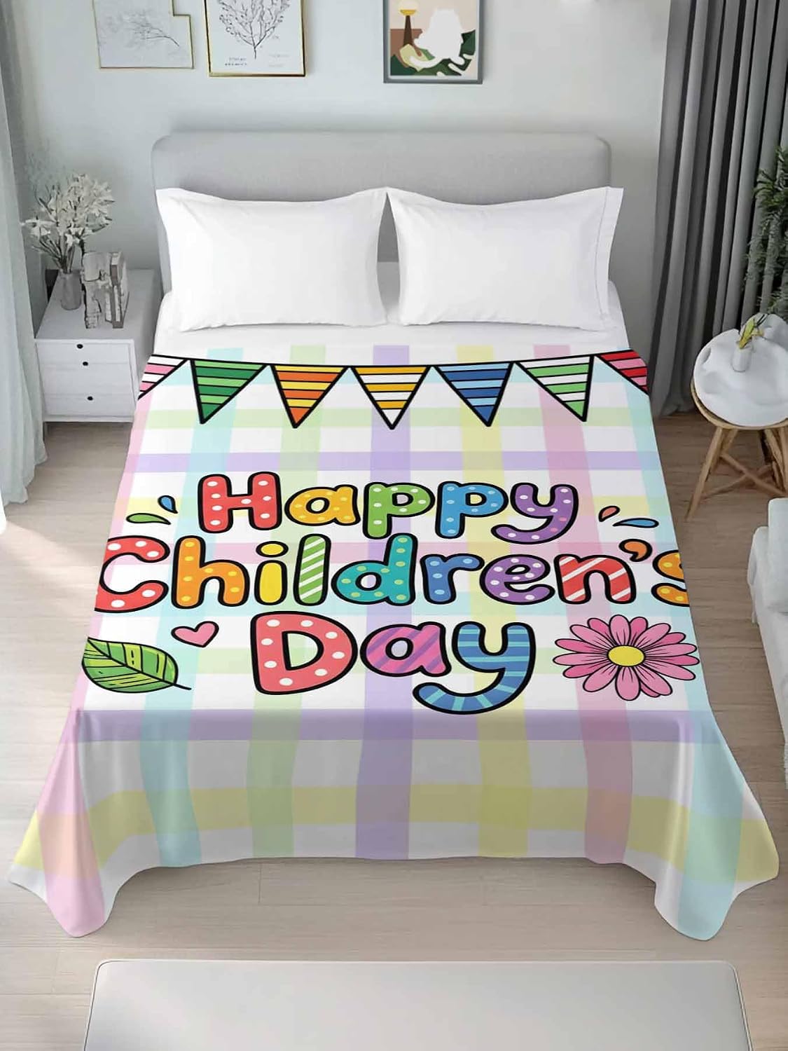 Full Flat Sheet, Children's Day Full Bed Sheets Only, Soft Microfiber Flat Sheet, Cartoon Colorful Polka Dot Flowers Leaf Plaid Hotel Quality Bedding Top Sheet Bedroom Home Dorm Decor