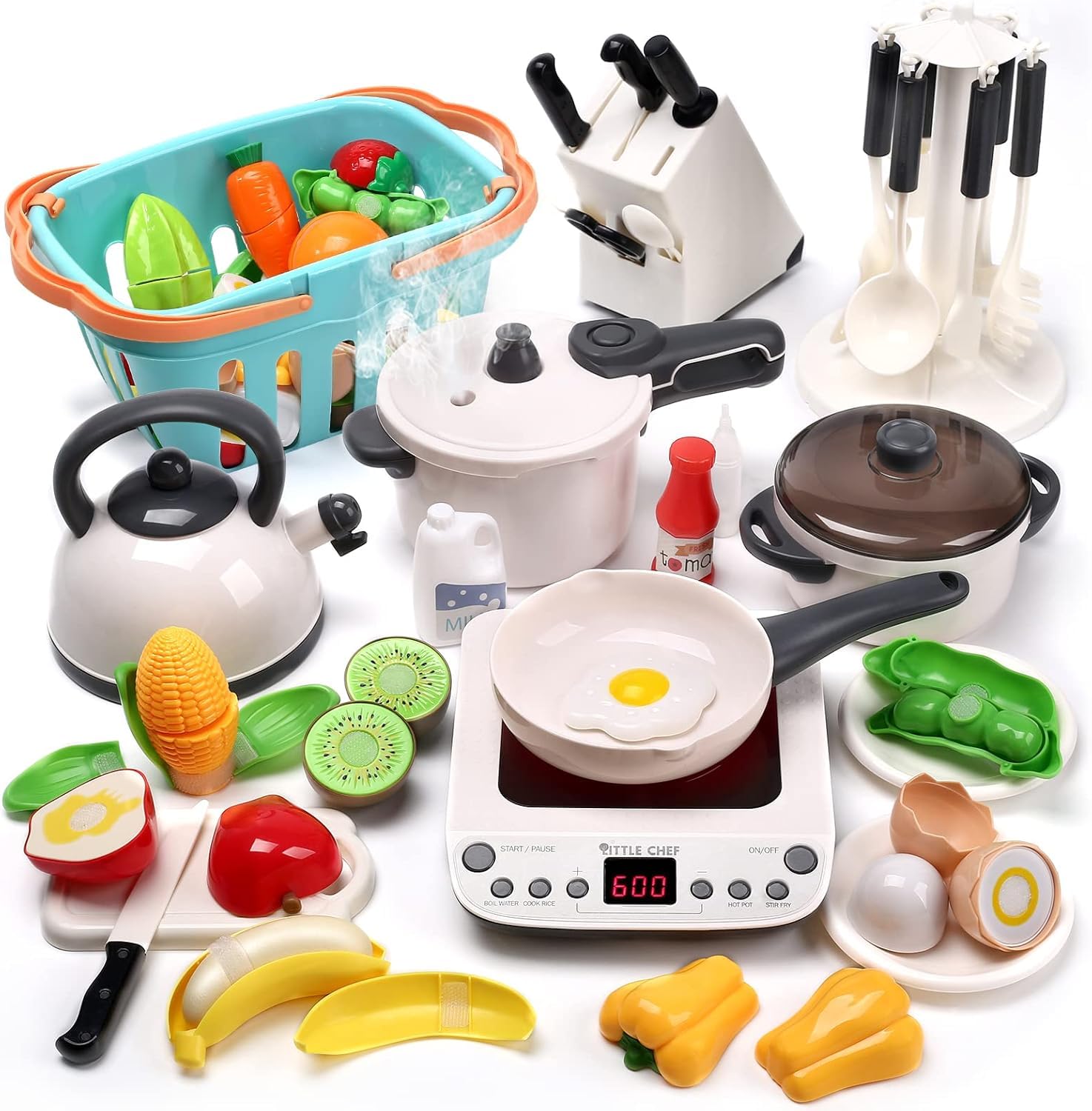 Cute Stone Pretend Play Kitchen Toy with Cookware Steam Pressure Pot and Electronic Induction Cooktop, Cooking Utensils, Toy Cutlery, Cut Play Food, Shopping Basket Learning Toy for Girls Boys