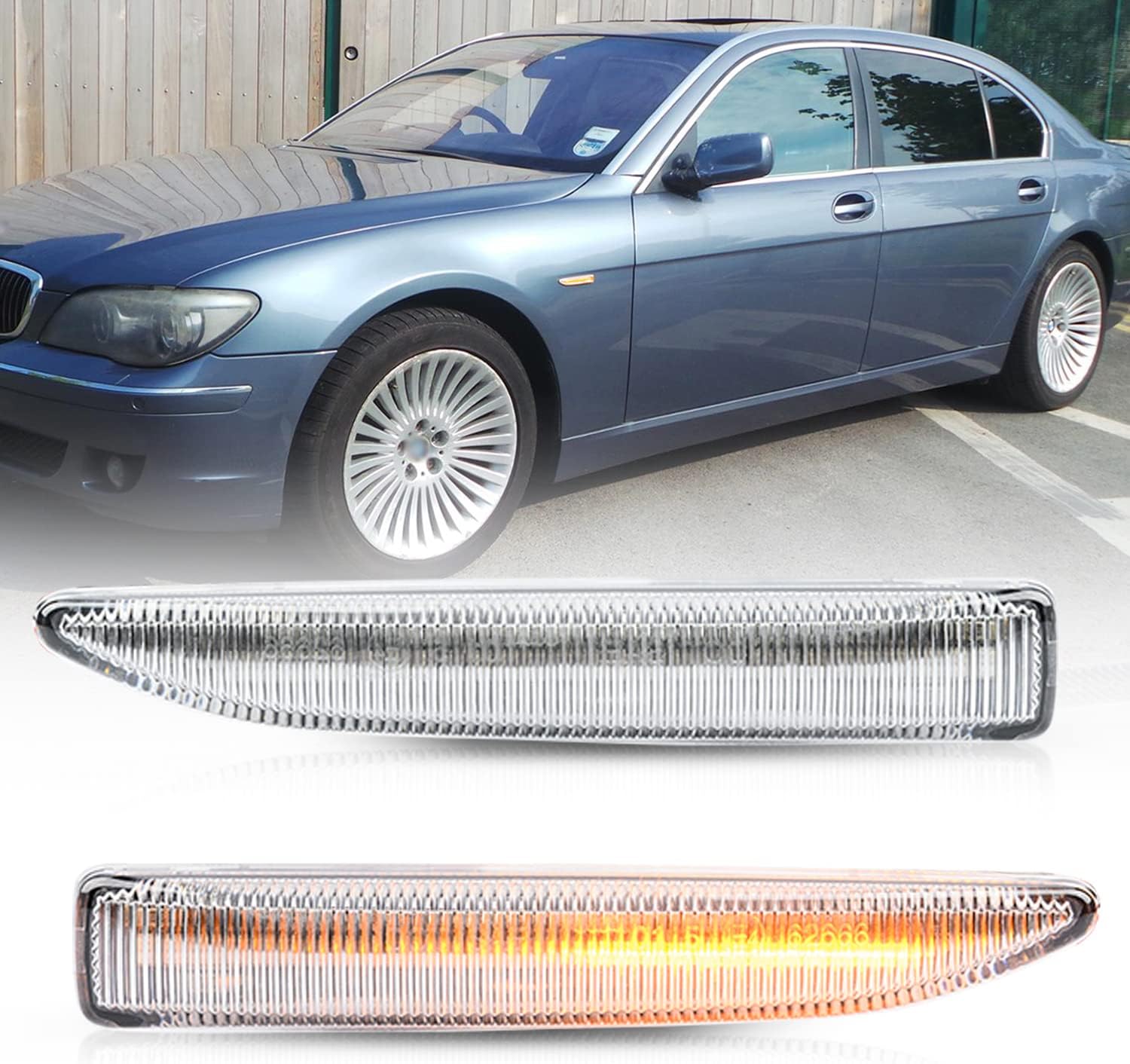 NSLUMO Sequential Amber LED Side Marker Lights for B'MW 7 Series 2002-2008 E65 E66 Sedan Front Fender Turn Signal Blinker Lamps OEM Replacement (Clear Lens)