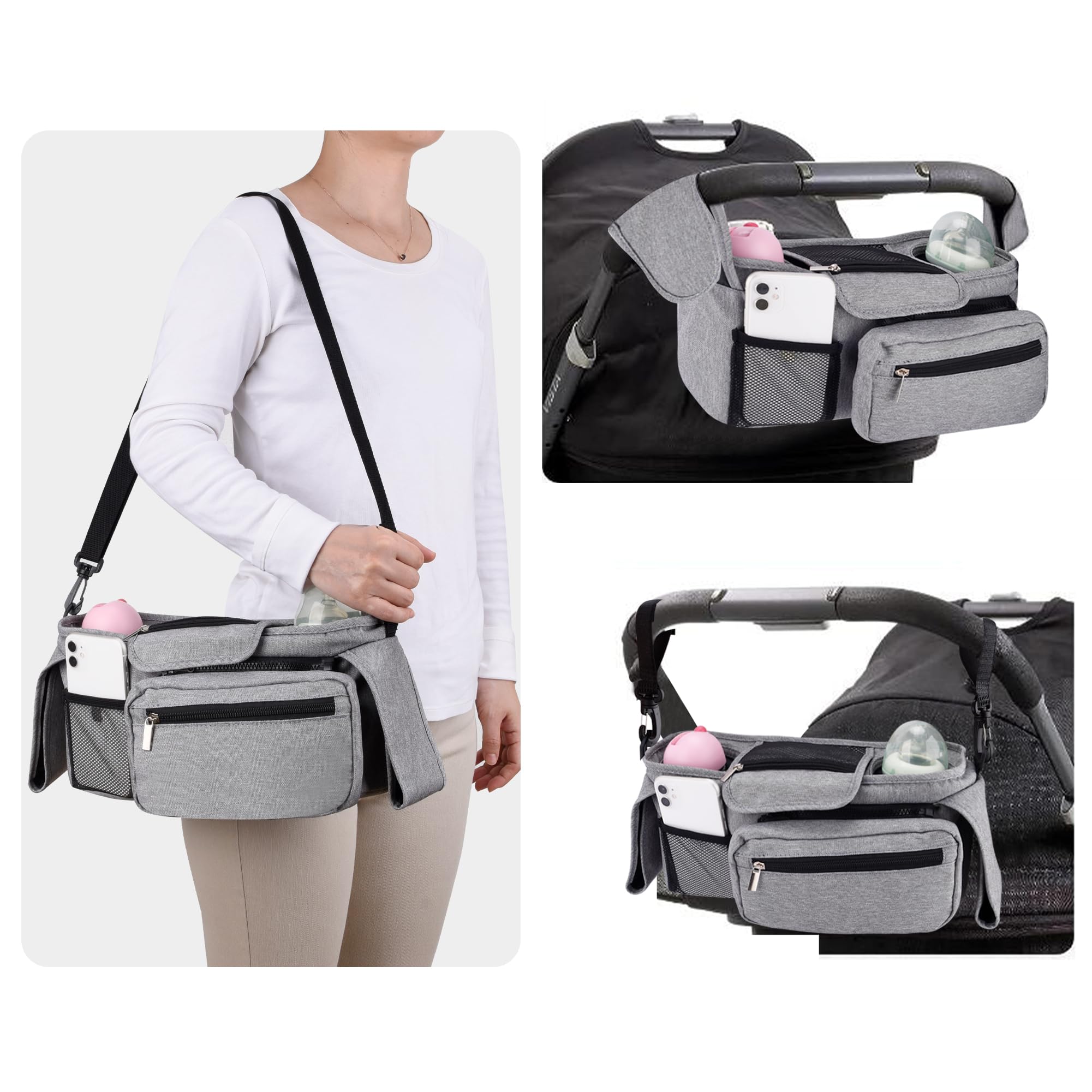 Bebamour Organizzatore per passeggino e ganci per passeggino 2PCS Borsa per carrozzina Organizzatore per passeggino Borsa di stoccaggio con tasca staccabile Tasca per cellulare Organizzatore,Grey