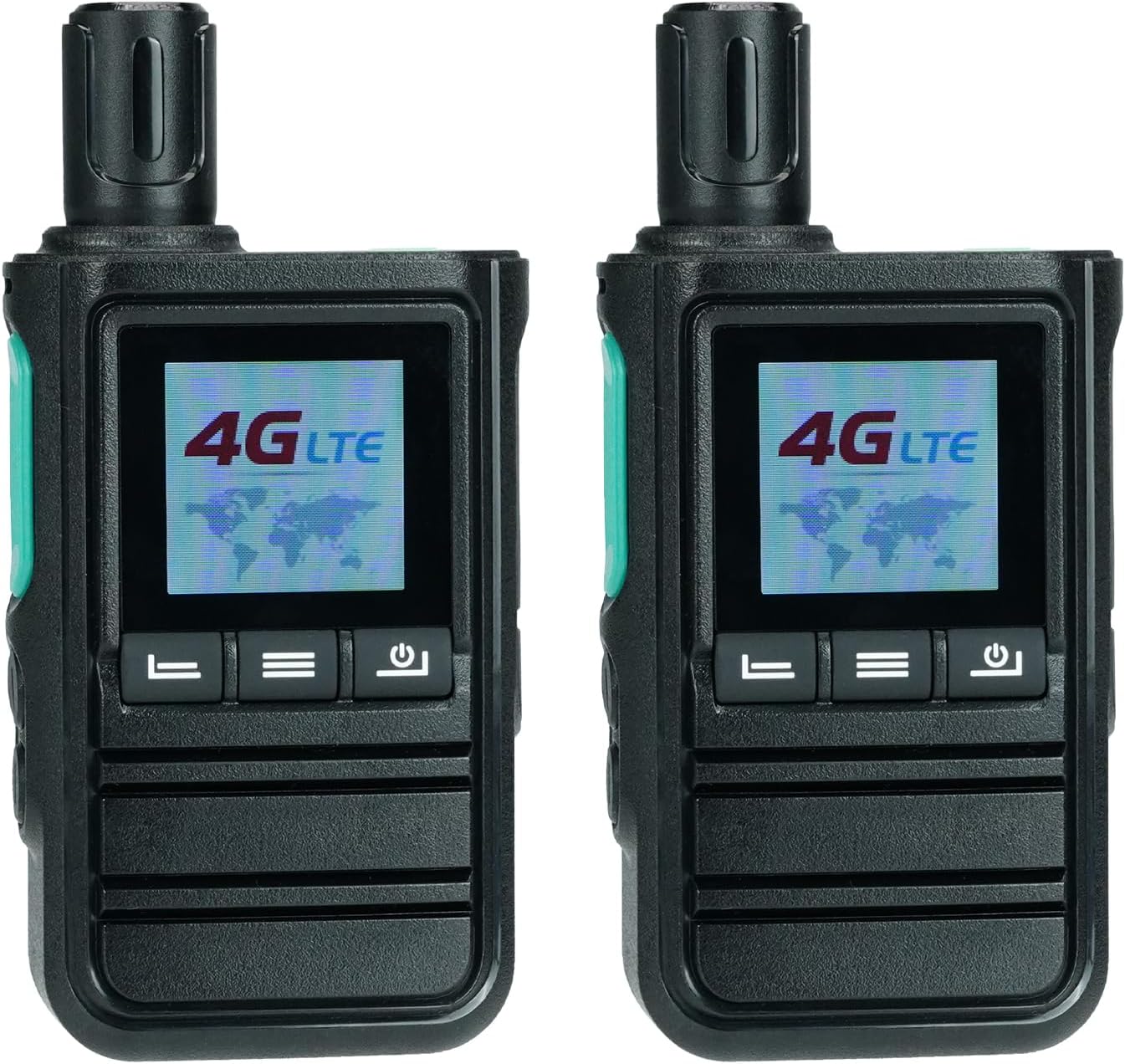 Front view af to Retevis L61 Network walkie-talkies, der viser '4G LTE' på deres skærme.