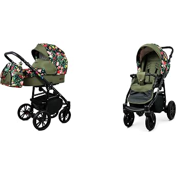 BabyLux Color Lux 2-in-1 Baby Pushchair Deep and Pushchair with Accessories Adjustable and Foldable Aluminium Construction Waterproof Non-Removable Wheels Roses with Tulips On Black Frame