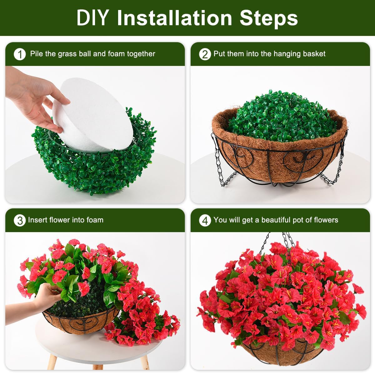 Homsunny Artificial Fake Hanging Flowers Plants with Basket for Outdoor - Fake Petunias Flowers Fake Silk Morning Glory Planter for Outside Porch Patio Balcony Garden Spring Summer Decor(Rose red) - Image 6