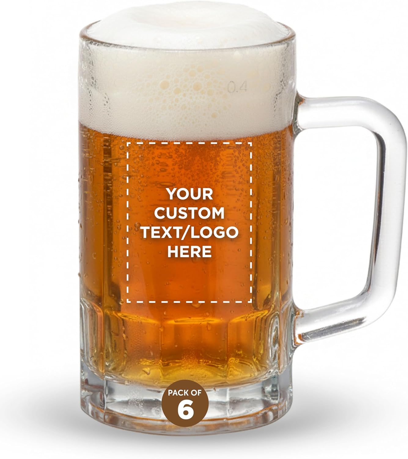 Custom Sports Fan Glass Beer Mugs Set of 6, Personalized Bulk Pack - Barware, Great for Beer Festivals, Wedding, Birthday, and Other Major Events - Clear