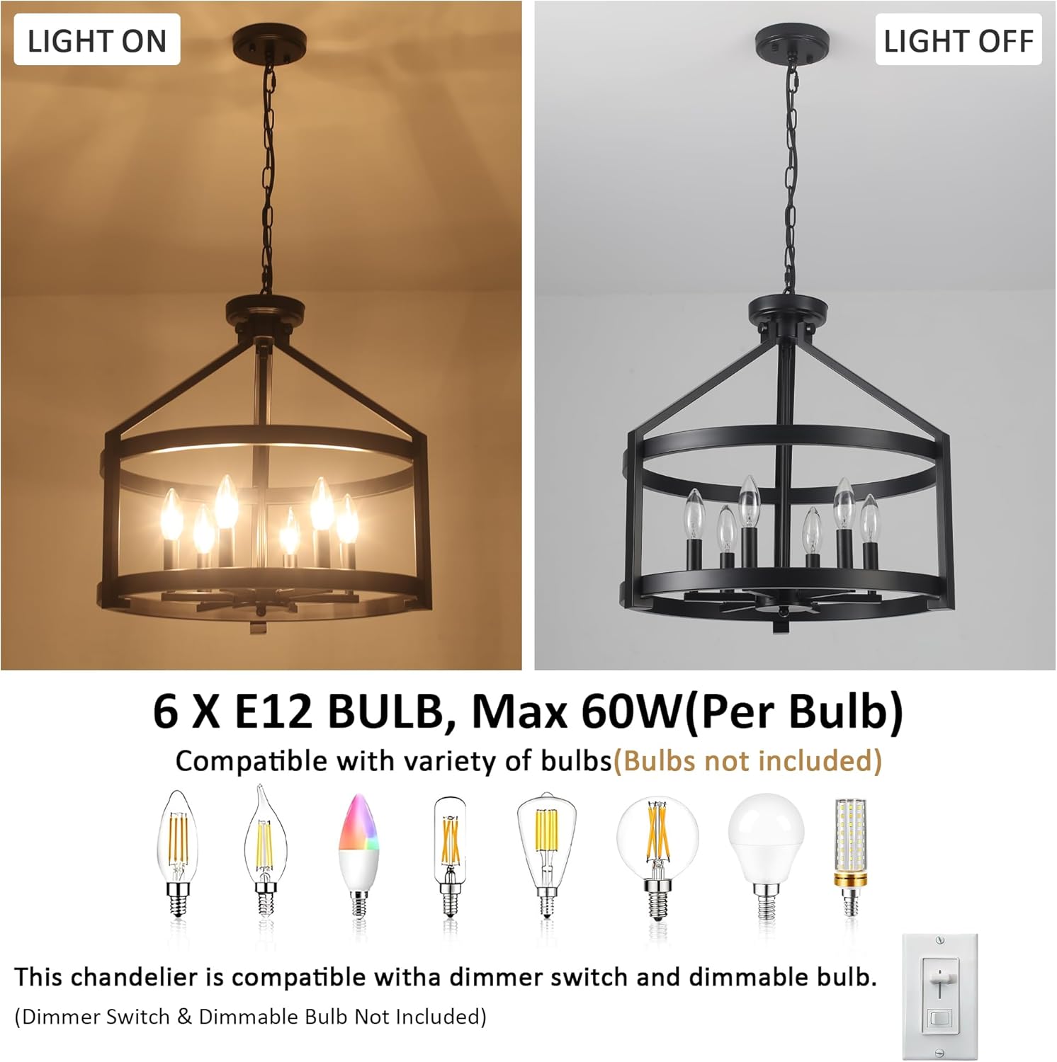 6-Light Large Farmhouse Black Chandelier, 20" Modern Hanging Pendant Lighting, Convertible Semi Flush Mount Ceiling Light Fixture Rustic Vintage Chandeliers for Dining Room Foyer Kitchen Entryway