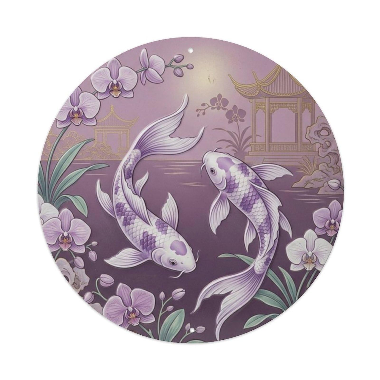 Fqcyn Style Koi Fish Mauve Orchid Pavilion Bedroom Metal Tin Sign Plaque Wall Decor For Cafe, Club Bar, Office, Home Garden Round Metal Poster 8X8inch