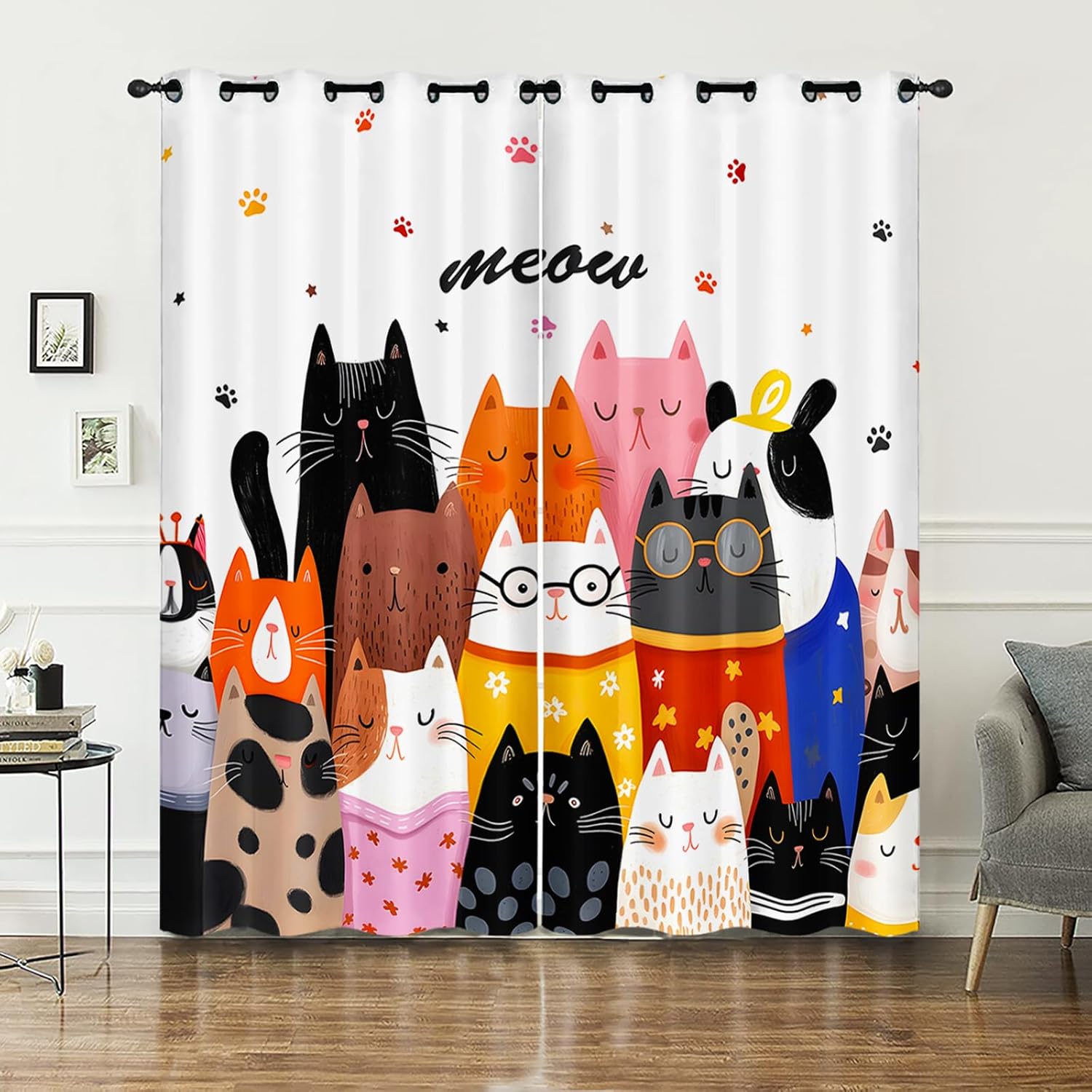 AILONEN Kawaii Cat Window Curtain for Kids Teens Girls,Cute Kitten Printed Window Drapes, 42" W x84 H,2 Panels,Animal Theme Curtain for Bedroom Living Room