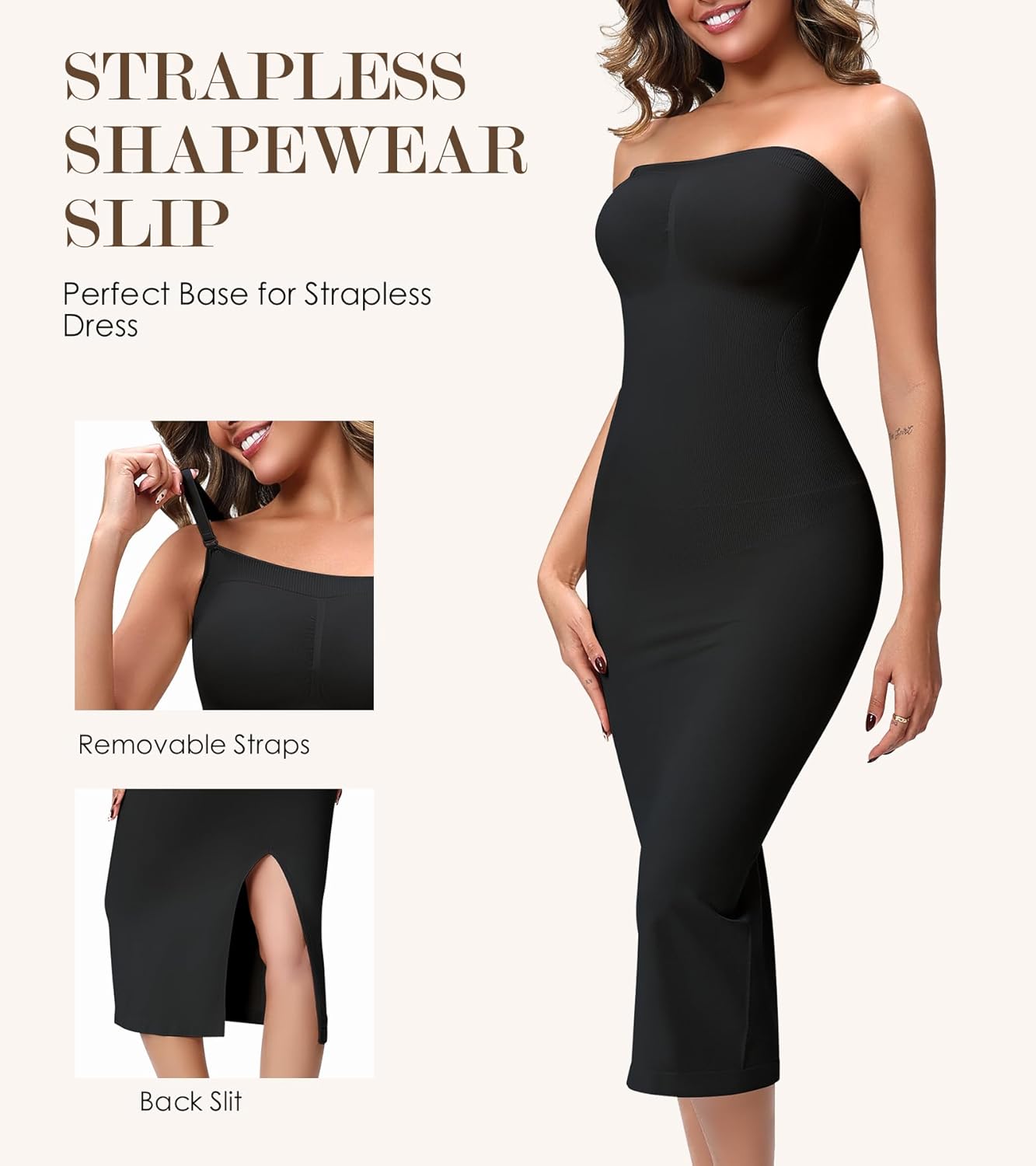 Strapless Shapewear Slip for Women Under Dress, Tummy Control Long Slip Dress, Seamless Back Slit Body Shaper - Image 4