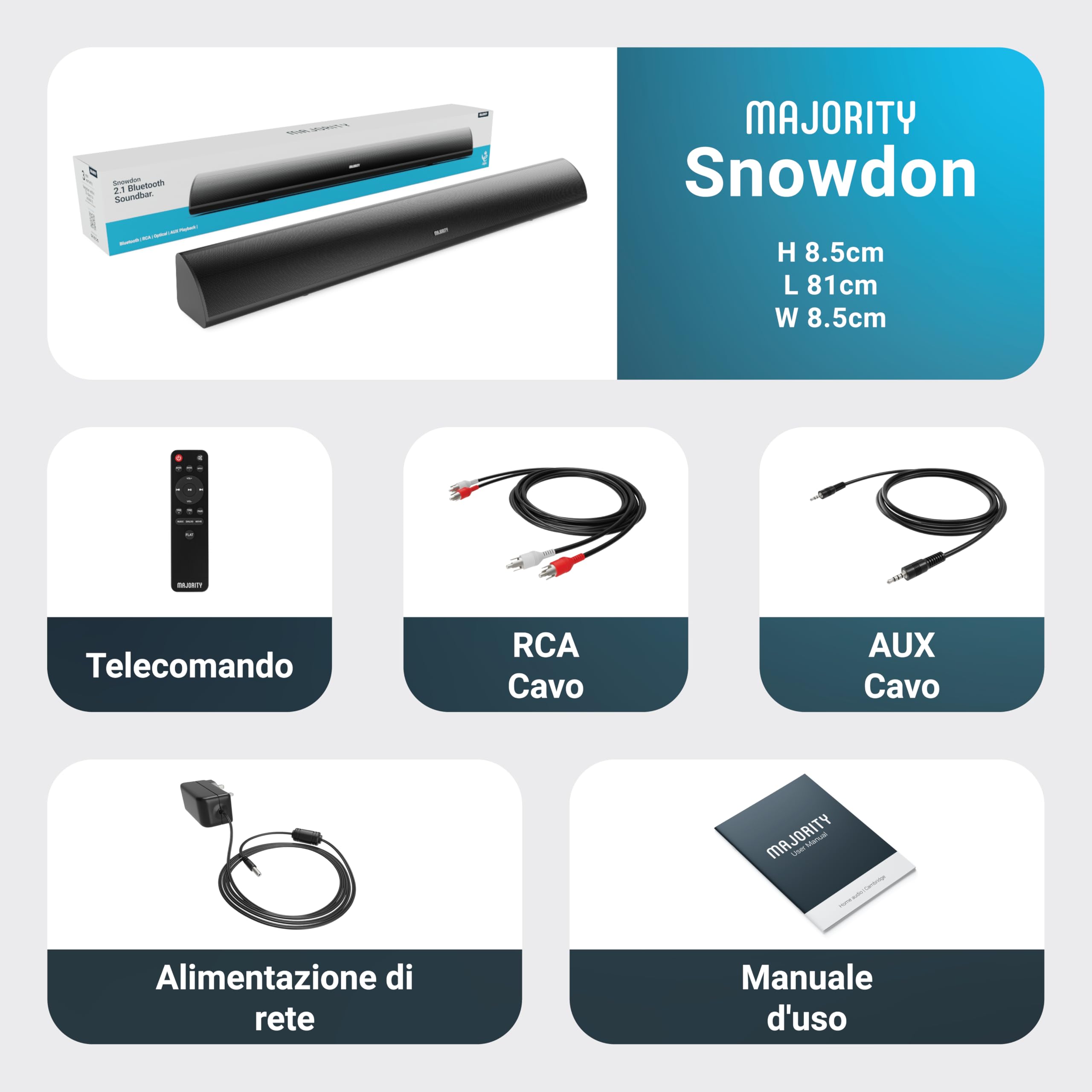 Majority Barra Soundbar TV con Subwoofer Integrato | 2.1 Home Theater | 120W Cassa TV Sound Bar | Casse Bluetooth con Connessione RCA, ottica e AUX | Altoparlanti Montabile a Parete Snowdon
