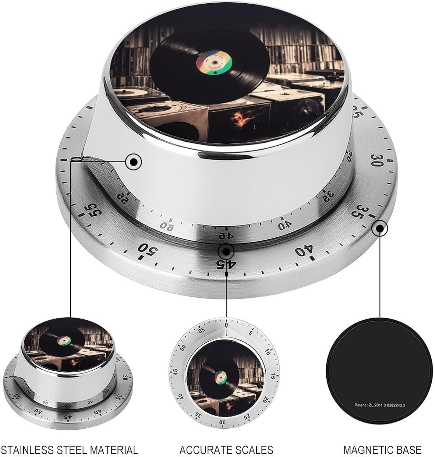 Vinyl Records Timers Exquisite Stainless Steel Mechanical Kitchen Timer with Loud Alarm Magnetic Manual Countdown Timer Wind Up Cooking Timer Clock for Home Study Cooking