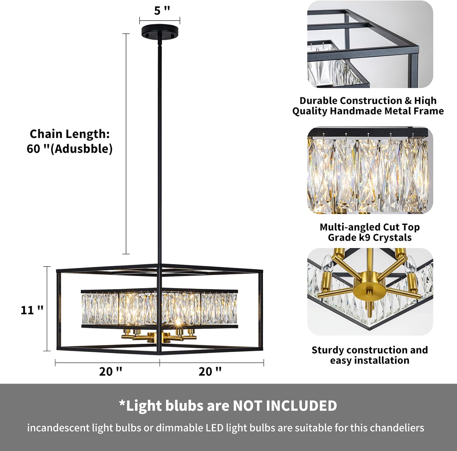 Vezzio Crystal Chandelier for Foyer Entryway，5-Light Black Modern Farmhouse Pendant Chandelier, Contemporary Hanging Light Fixture for Dining Room Living Room Bedroom Kitchen Island