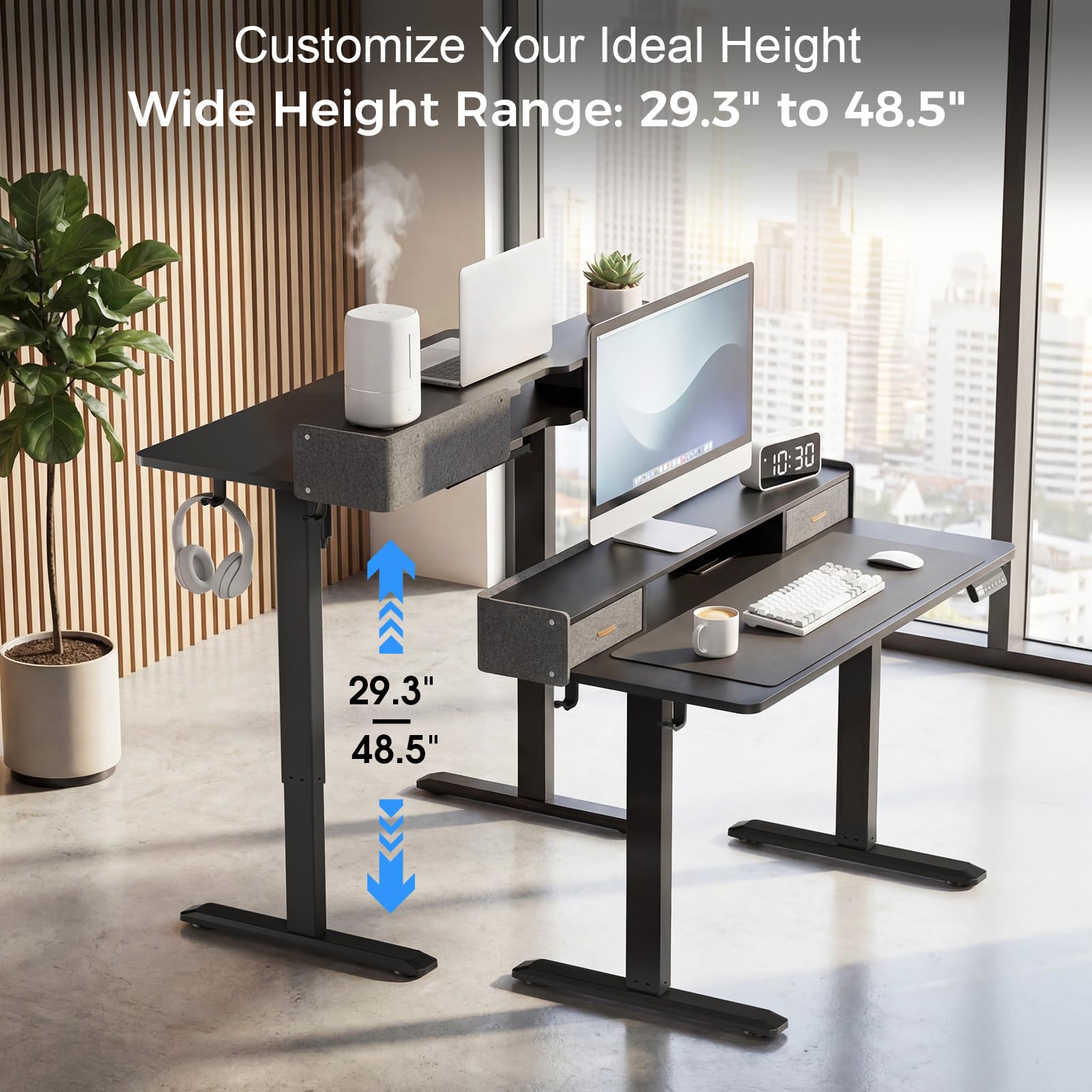 Electric Standing Desk with Drawers 63 Inch Height Adjustable Desk with Power Outlets LED Lights Sit Stand Table — view 3