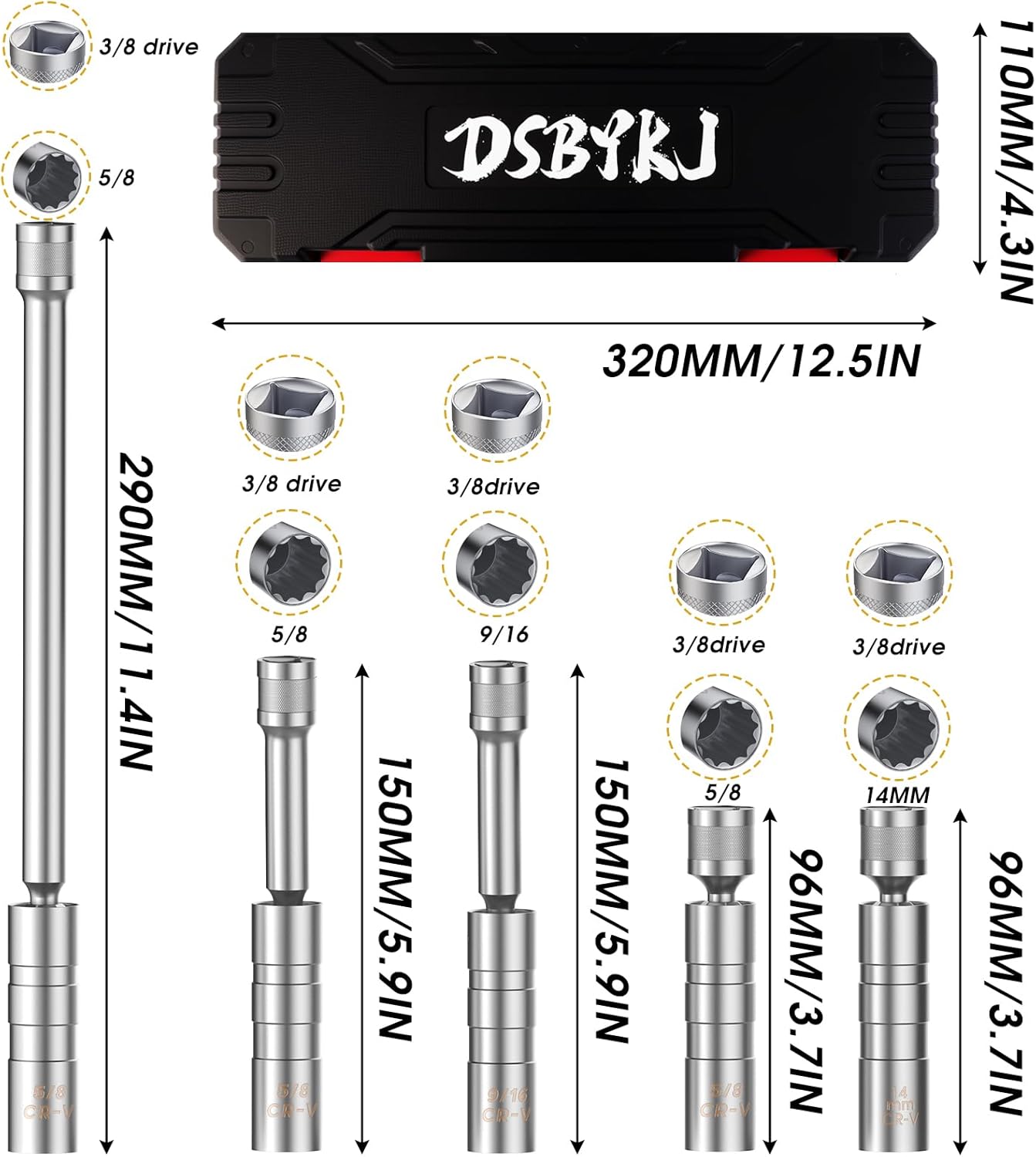 5 Piece Set of 3/8" Drive Magnetic Rotary Spark Plug Receptacles Set - Includes 9/16", 5/8", 14mm Receptacles and 3/8" Drivers with 12 Points, Cr-V