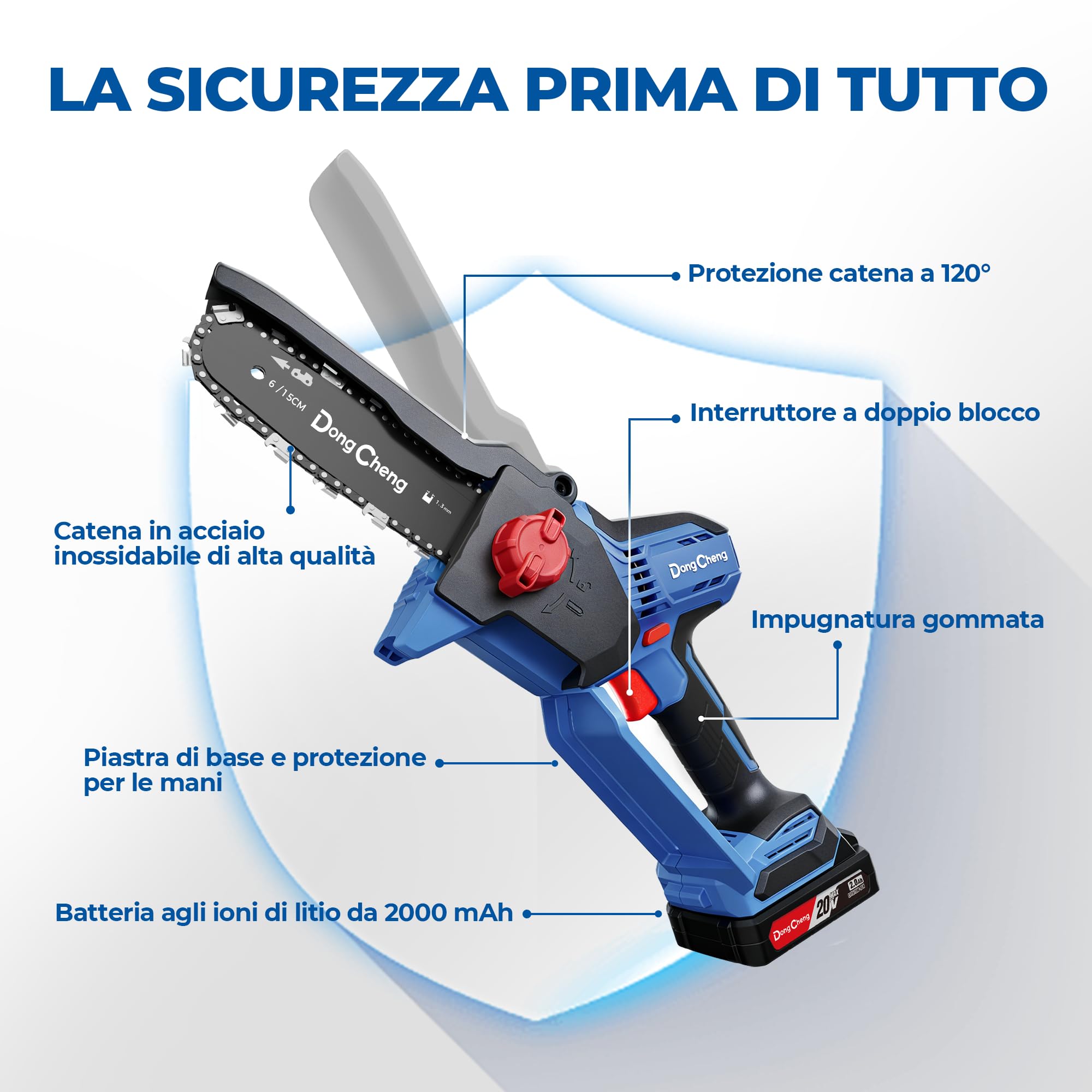 DongCheng Mini motosega a batteria per giardinieri e camperisti, motore brushless 750 W, 2 batterie 2000 mAh, 1,2 kg, mono mano, lama 15 cm, 8 m/s, tensionamento senza attrezzi e oliatore automatico