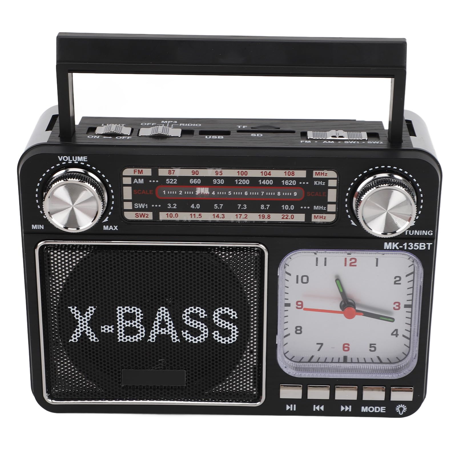 BT Sintonización Manual Estilo Retro Portátil Am FM SW con Reloj Luminoso Negro 3 Opciones de energía Recepción para Acampar al Aire Libre Uso en Interiores