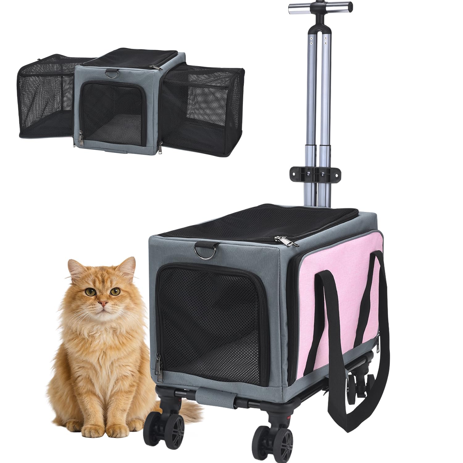 Pet Carrier Airline Approved, Expandable Large Dog Cat Carrier with Wheels, Upgraded Wheels Airline-Approved Cat & Dog Travel Carrier, Rolling Pet Carrier with Removable Pole Platform, Carnation Pink
