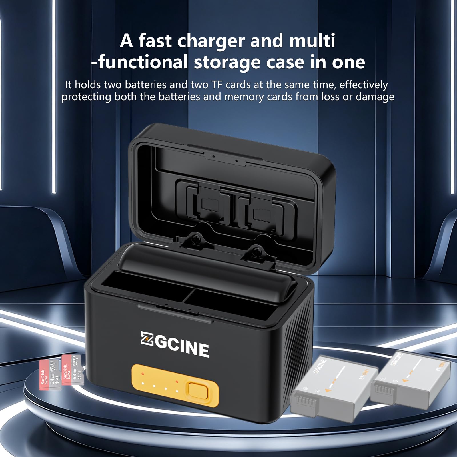 ZGCINE PS-OM1 ładowarka do kamery sportowej, akumulator Osmo Action 3/4/5 Pro/6/360 6400 mAh, ładowarka z funkcją powerbanku, Dual Slot, szybkie ładowanie, USB-C PD Fast Charge, przechowywanie kart TF