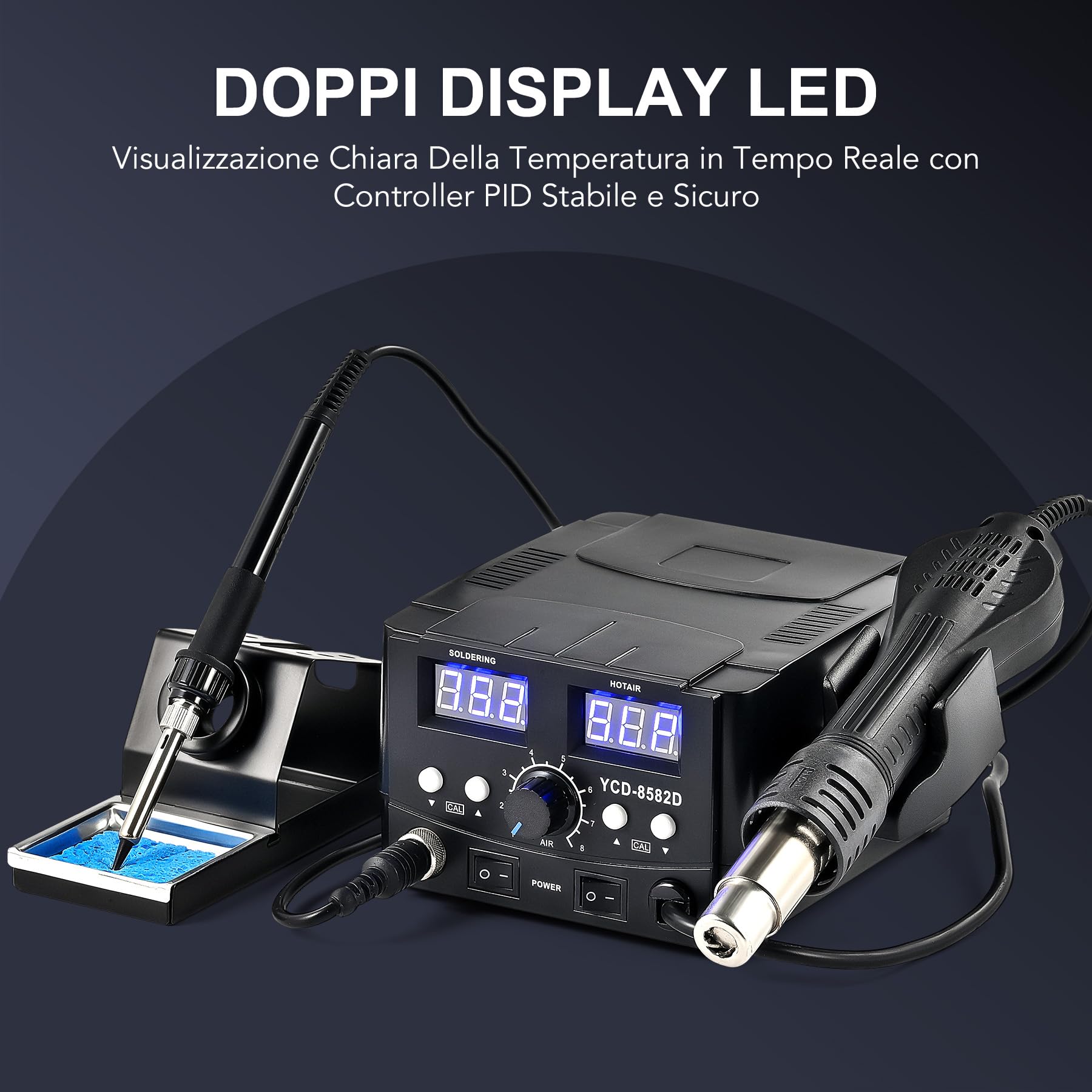 CREWORKS 750W Stazione Saldante Digitale 2 in 1 SMD con Schermi LED Saldatura ad Aria Calda