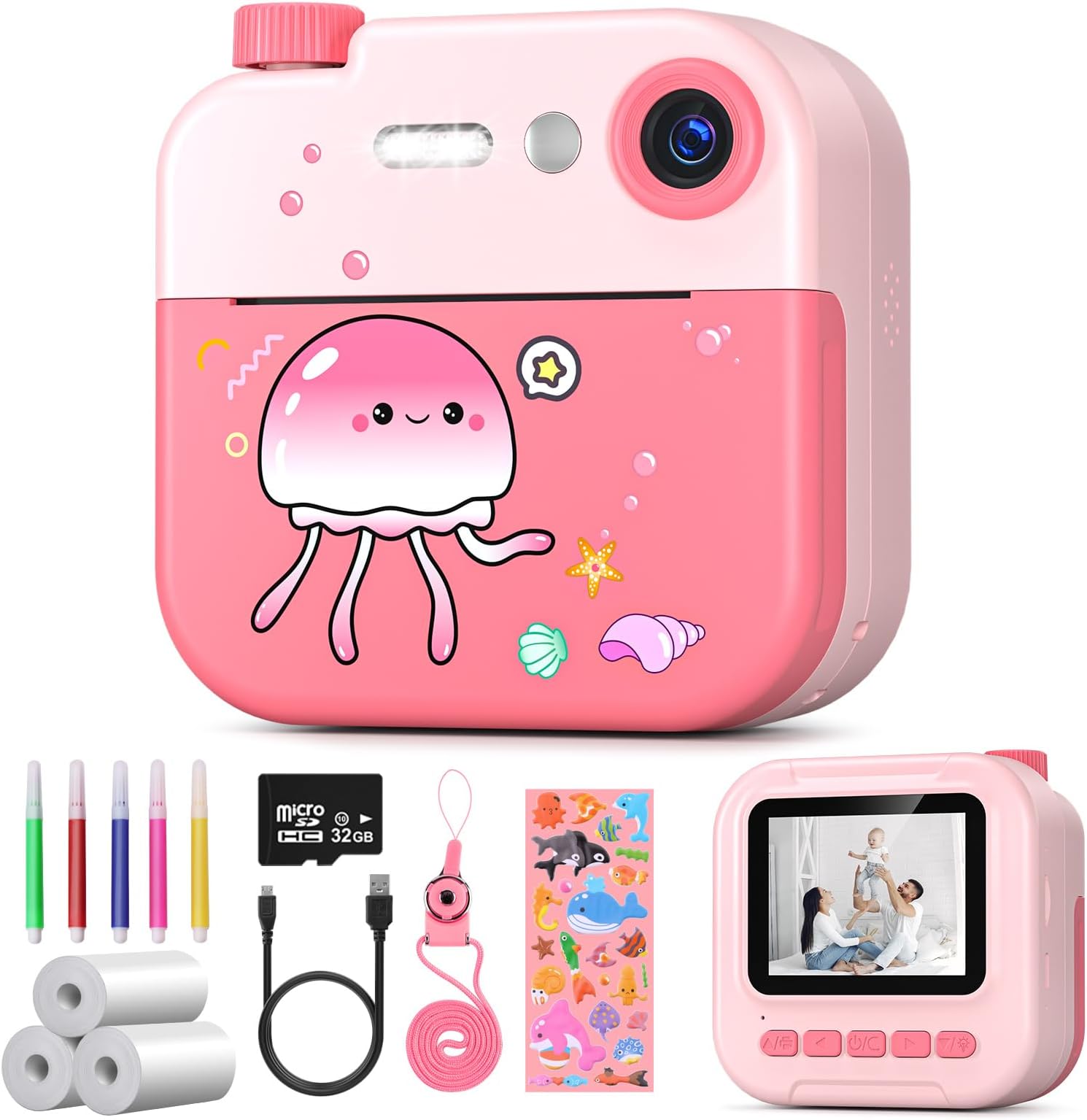 Kaishengyuan Kindercamera, digitale camera van 2,4 inch met printpapier en 32G TF-kaart, cadeau voor meisjes en jongens van 3-12 jaar, roze