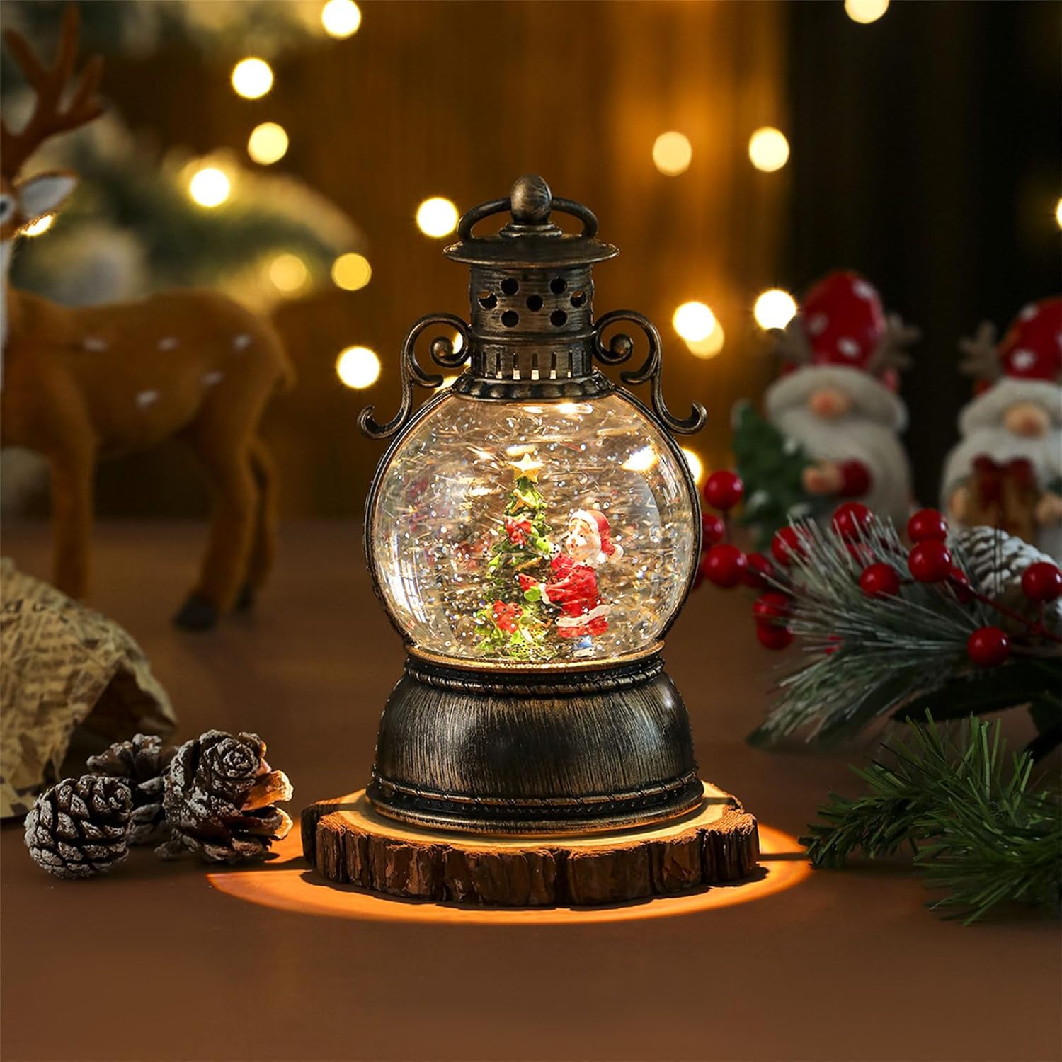 Christmas Snow Globe Lantern, Christmas Snow Globes with Rotating Base, Glitter Swirling Musical Box with Musical LED Lights, Battery Operated & USB Powered Christmas Lanterns for Table Party Decor