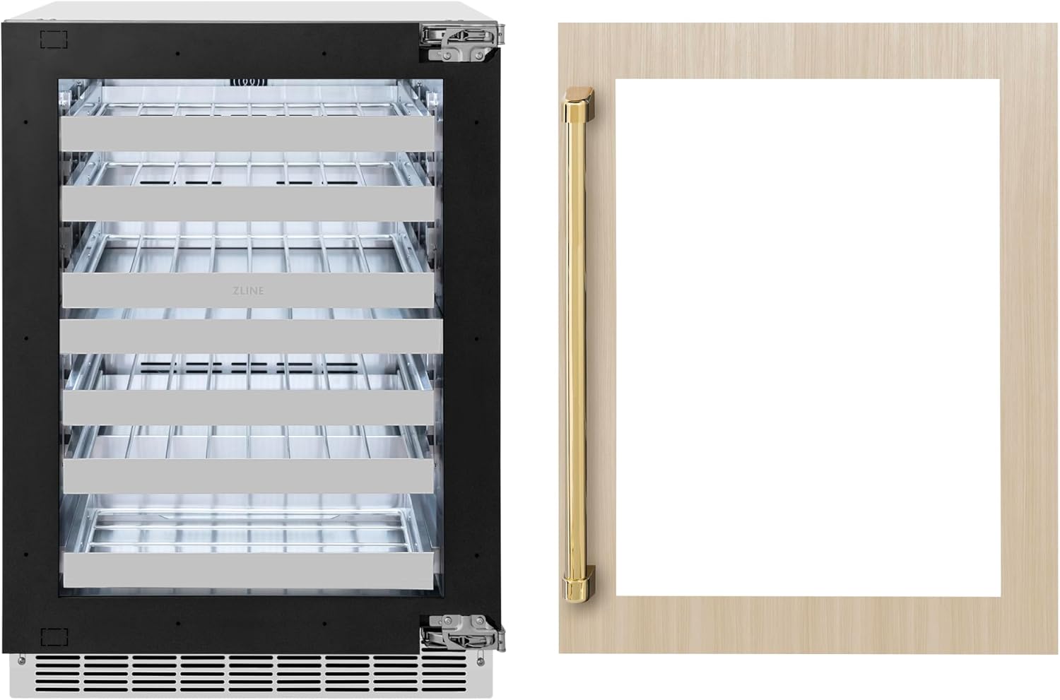 ZLINE Autograph Edition 24 in. Touchstone Dual Zone 44 Bottle Wine Cooler With Panel Ready Glass Door And Polished Gold Handle (RWDPOZ-24-G)