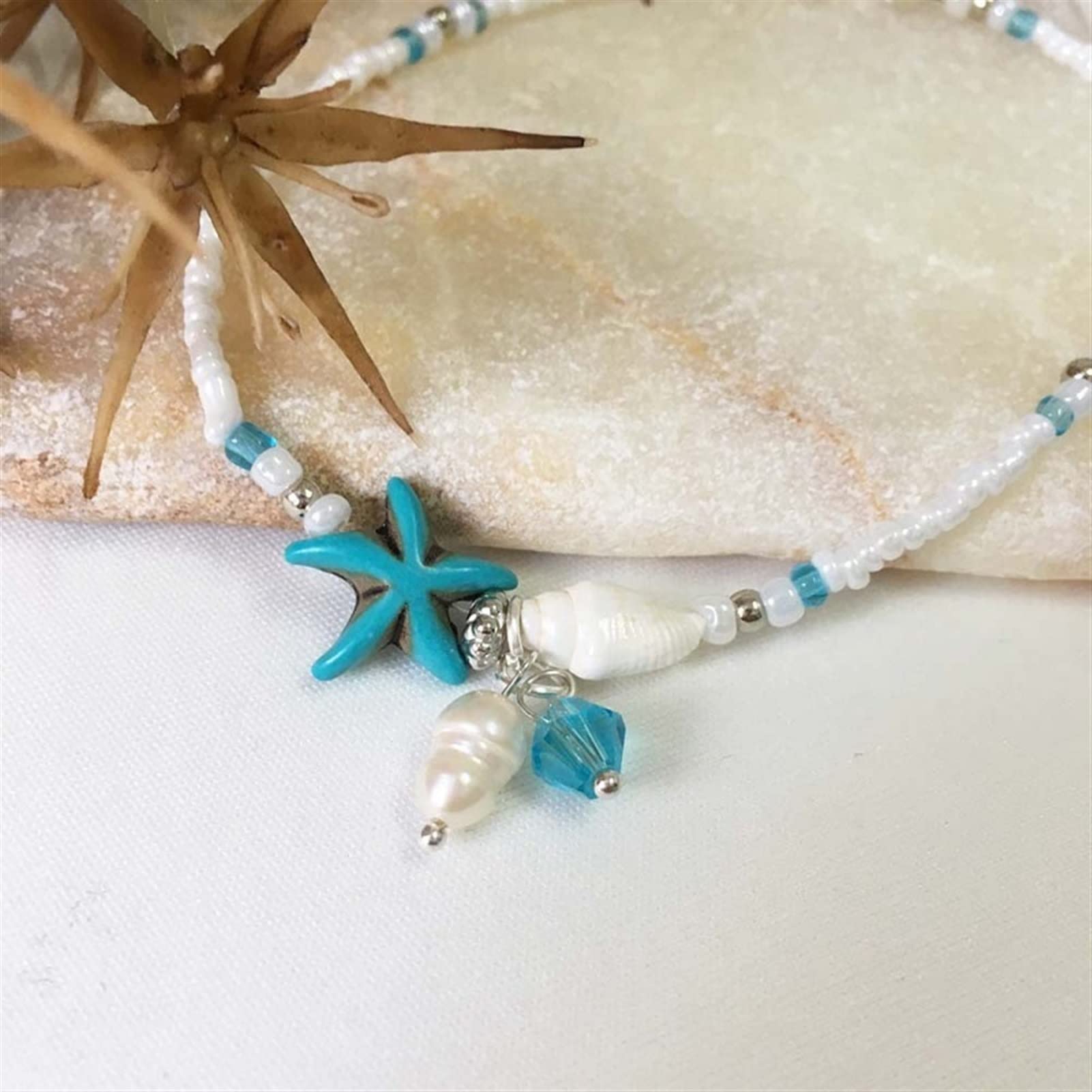 Fußkettchen/Fußkettchen Einfache Reisperlen-Seestern-Fußkettchen Strand-Yoga-Armband Fußdekoration Schönes Trend-Fußkettchen (ca. 25 cm) Fußkettchen (Farbe: Blau)