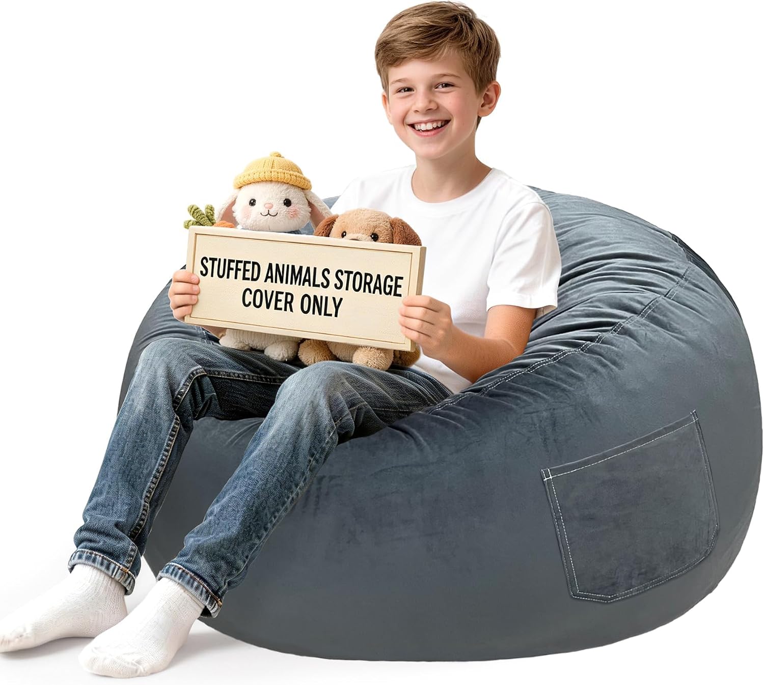 Lukeight Stuffed Animal Storage Bean Bag Chair Cover for Teens, Velvet Plush Toy Organizer Seat, Cover Only, No Filling Included, Long YKK Zipper, Side Pocket, XX-Large 36"D x 20"H