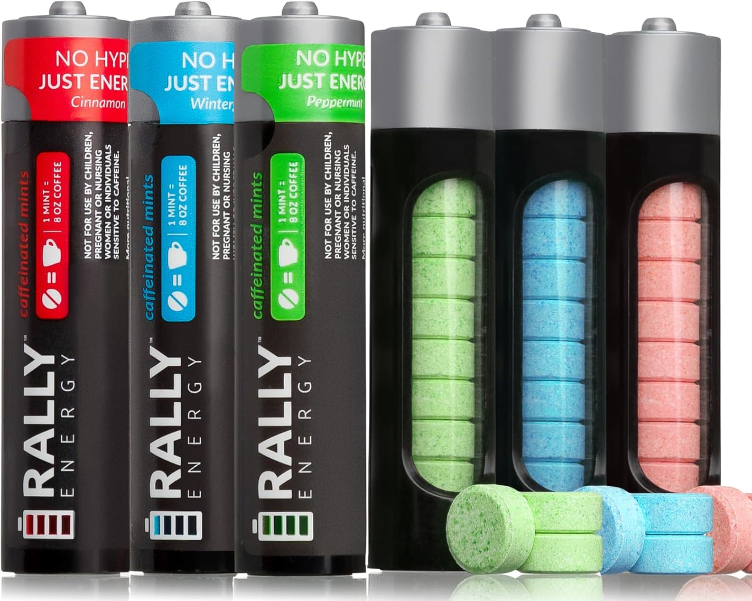 Caffeine Mints by Rally, 60 Milligram, Instant Energy, Fresh Breath, Caffeinated, 0 Sugar, Natural Peppermint, Cinnamon, Wintergreen Variety Pack (6 Packs, 60 Mints)