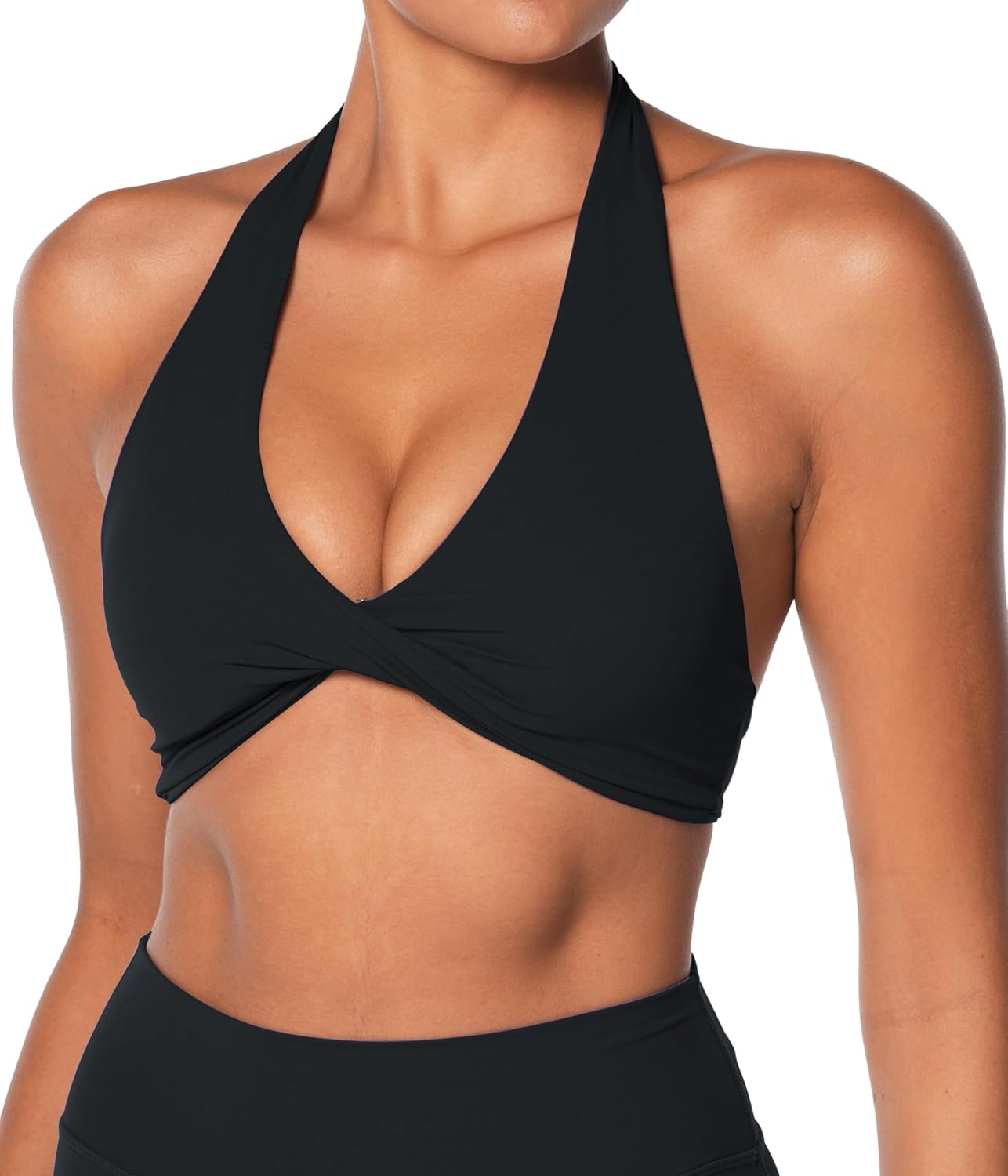 Sunzel Women's Halter Neck Sports Bra, Twist Front Yoga Crop Top with Removable Pads, Open Back V Neck Bra for Gym Workout - Image 2
