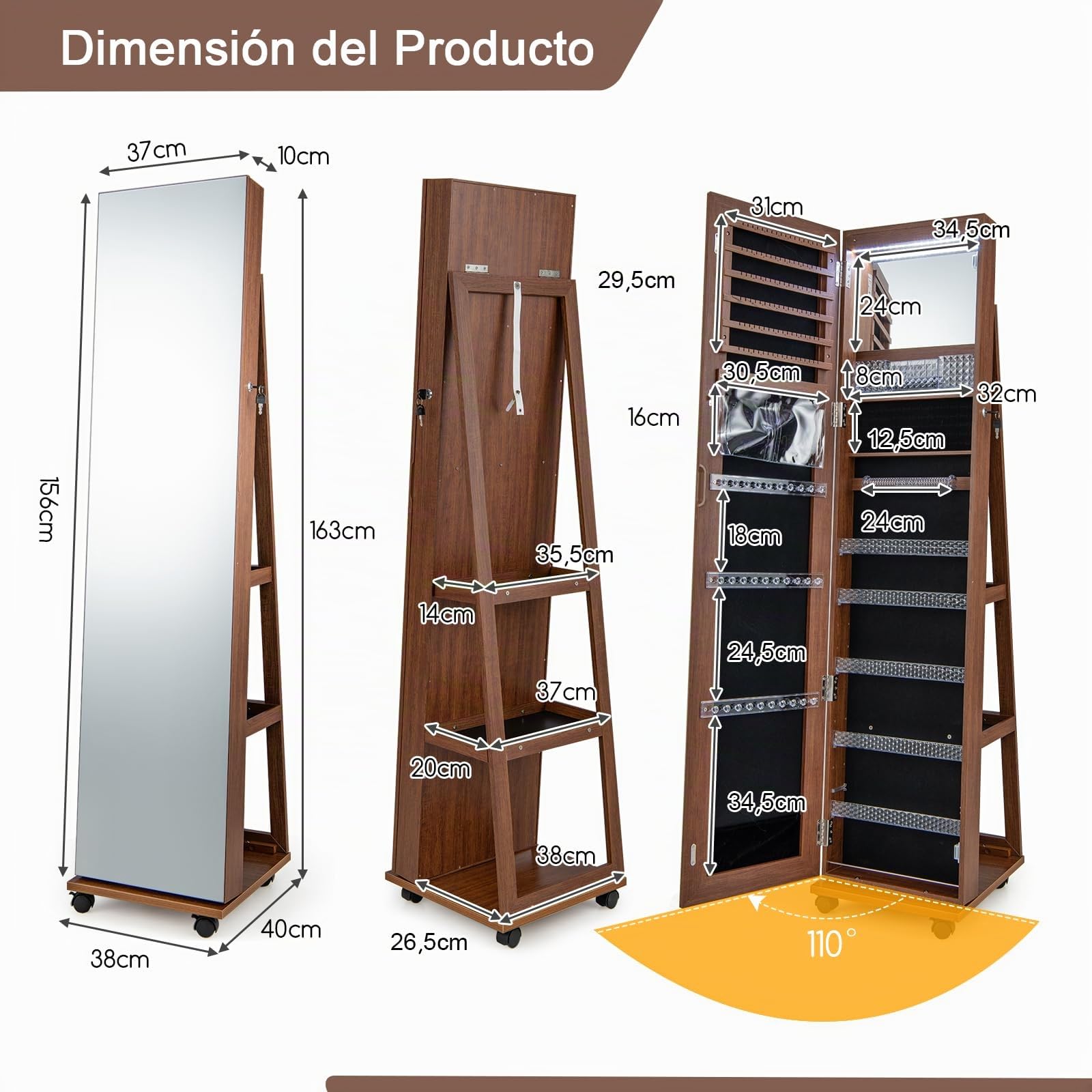 GOPLUS Armario para Joyas con Espejo de Cuerpo Entero, Espejo Joyero con Iluminación y Estante, Almacenamiento de Joyas con Ruedas, Organizador de Joyas con Cerradura para Dormitorio Vestidor
