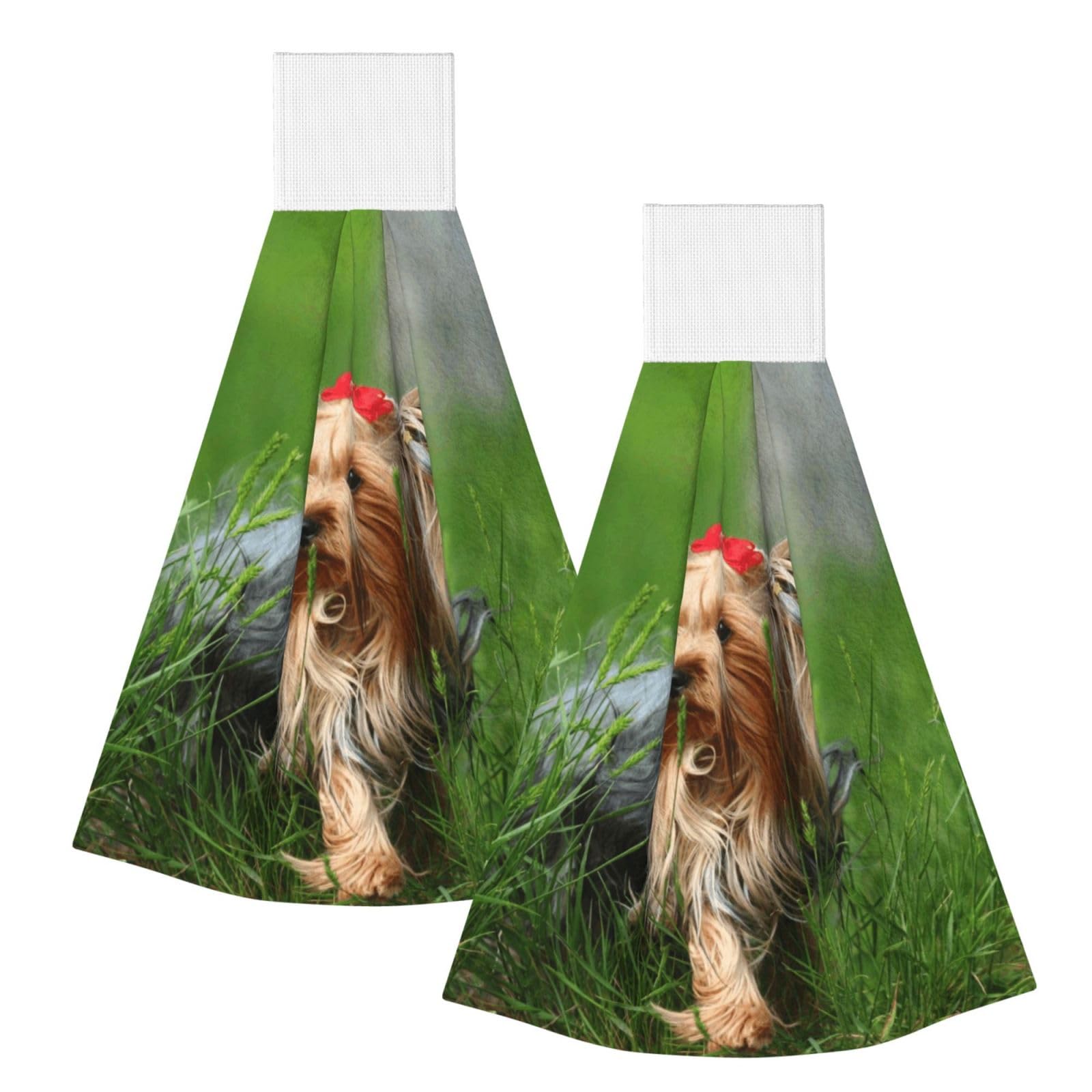 DOPKLNA Yorkshire Terrier Lawn Cute Dogs Ummer Red Bow, 2 Pcs Hanging Coral Fiber Hand Towels for Bathroom, Absorbent Kitchen Towels