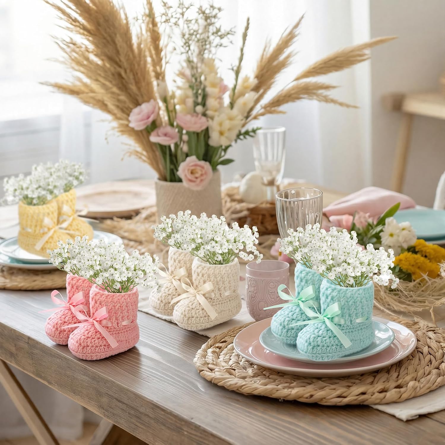 4 Set Baby Shower Booties Centerpieces Crochet Knitted Baby Booties with Ribbon Gender Reveal Party Table Decorations for Home, Office, Shelf & Mantel Decor, Farmhouse Cute Decor for Newborn