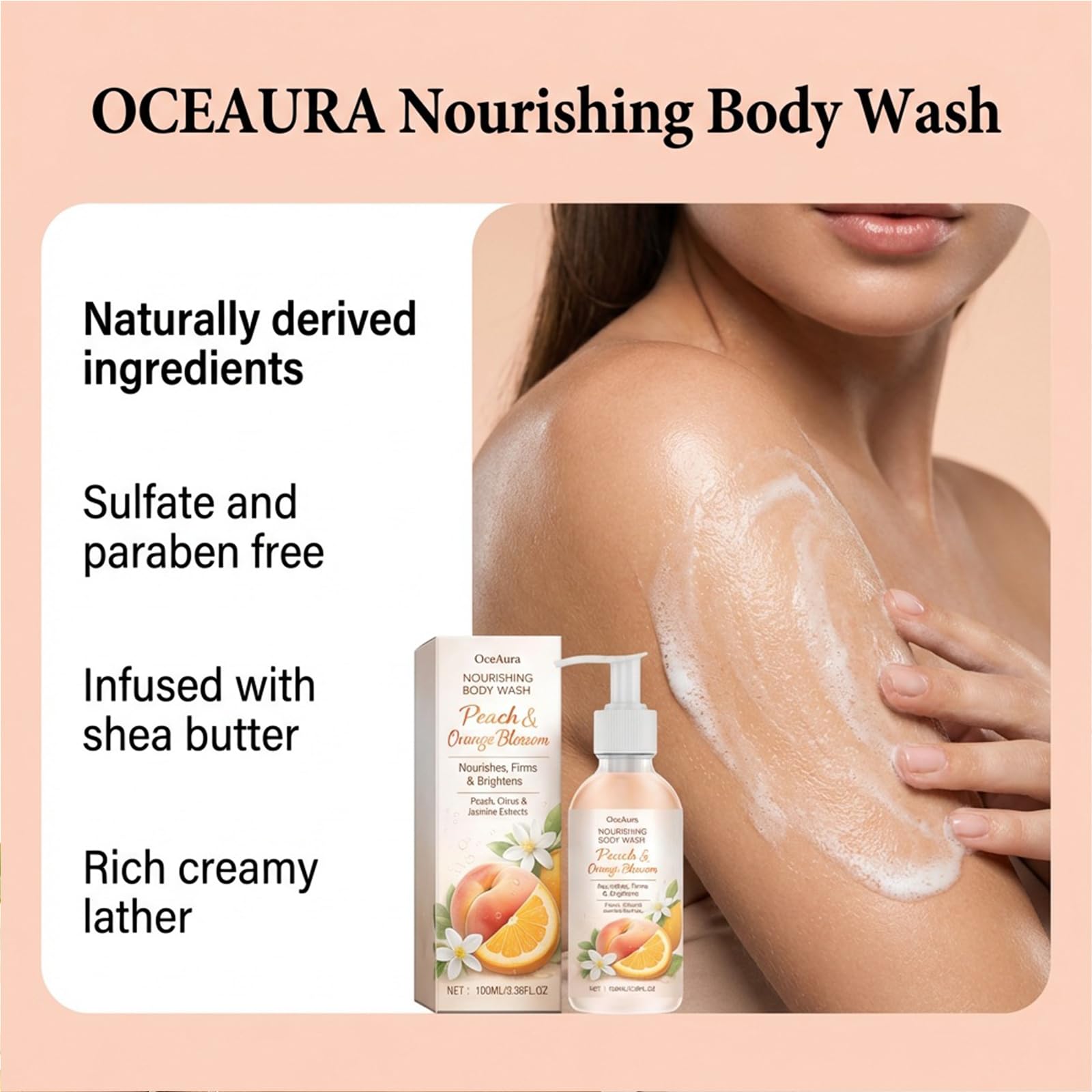 Detergente per il corpo di pesca e cocco, gel doccia rassodante per la pulizia della pelle, tonificante e detergente, gel idratante e schiarente (6 bottiglie)