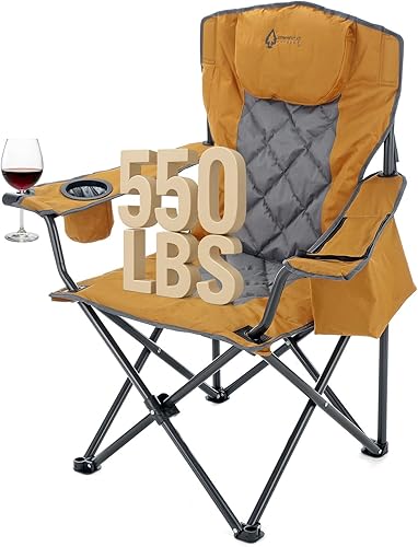 ARROWHEAD OUTDOOR Silla plegable portátil de lujo para campamento con reposacabezas, portavasos y vidrio, enfriador de 6 latas, bolsa de transporte