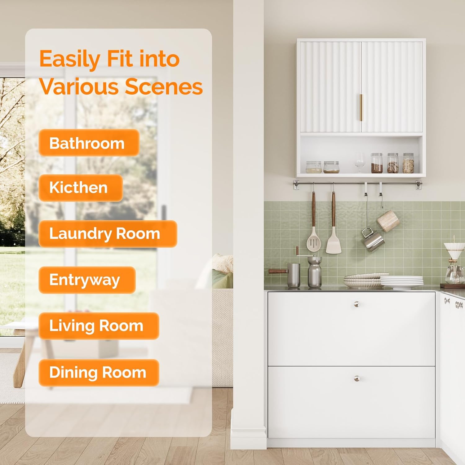 VINGLI White Bathroom Wall Cabinet, Modern Fluted Medicine Cabinet with Gold Handles, Wall Mounted Storage Over Toilet with Adjustable Shelf, Soft Close Hanging Organizer for Kitchen, Laundry Room