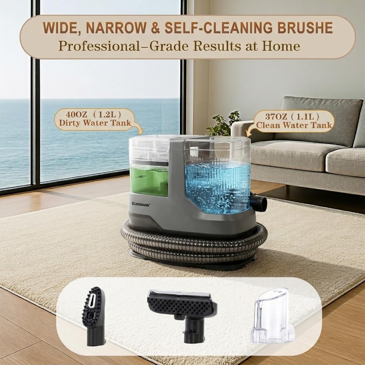 Couch & Upholstery Cleaner Machine, Portable Carpet Shampooer Machine with 17KPa Powerful Suction, Dual Brush Heads for Deep Cleaning Car Seat, Rug, Furniture, Stairs, Sofa, Spot & Pet Mess, Black