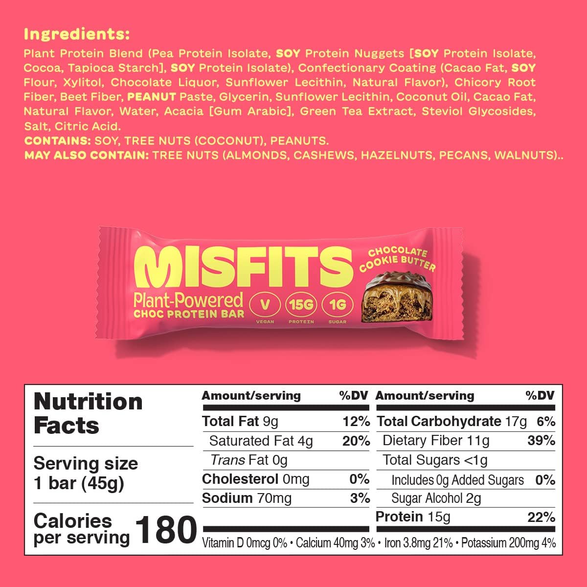 Misfits Vegan Protein Bar, Chocolate Caramel Cookie Butter Double Pack, Plant Based Chocolate Protein Bar, High Protein, Low Sugar, Low Carb, Gluten Free, Dairy Free, Non GMO