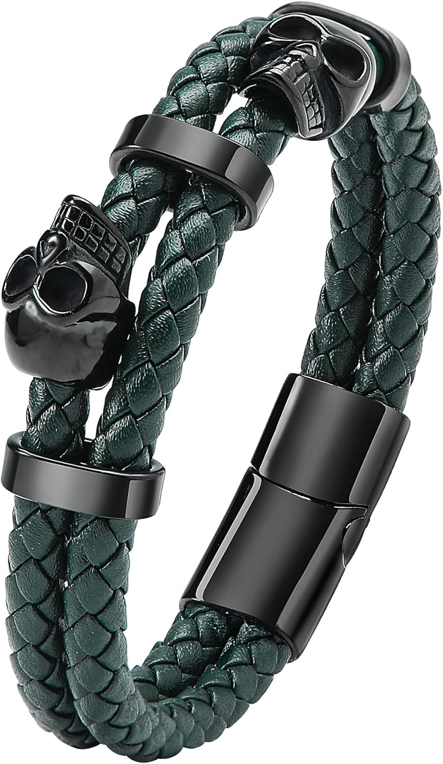 Stainless Steel Double Skull Bracelets - Mens Genuine Leather Punk Skeleton - Cuff Gothic Jewelry