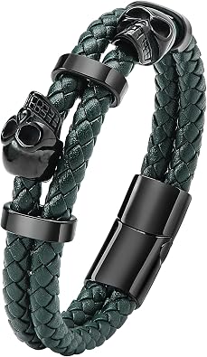 Stainless Steel Double Skull Bracelets - Mens Genuine Leather Punk Skeleton - Cuff Gothic Jewelry