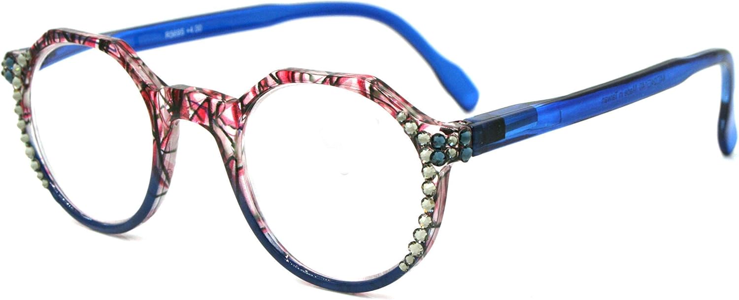 The Hexagon, Women Bling Reading Glasses Adorned with Genuine European Crystals Translucent Blue, Brown or Green. NY Fifth Avenue.