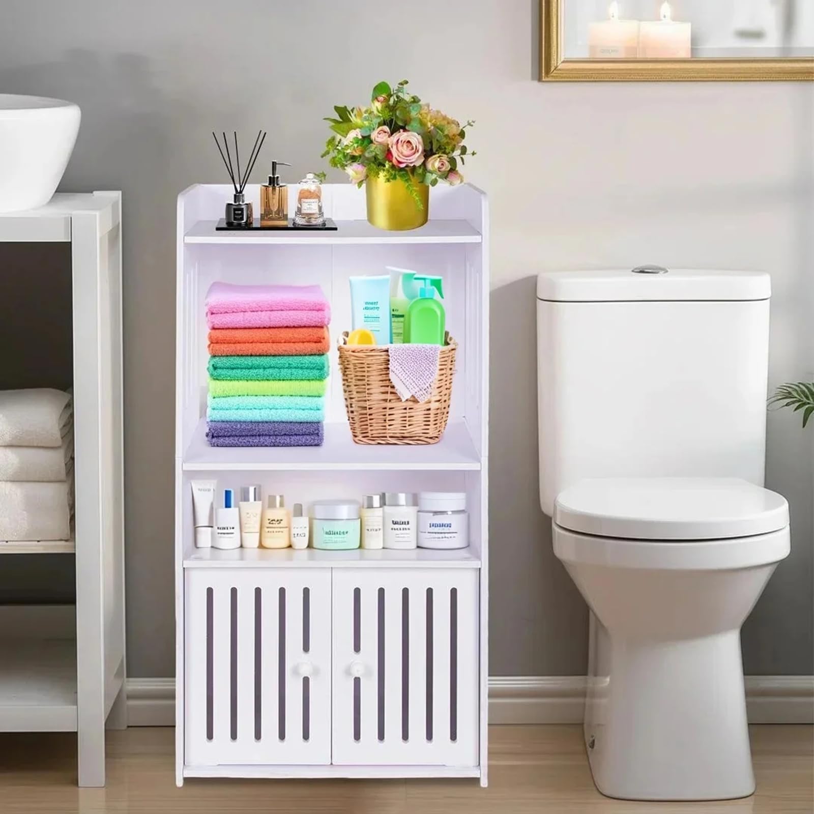 powerking 4-Tier White Bathroom Storage Cabinet，Organizador Independiente con Puertas y estantes, Armario de Piso de Almacenamiento Impermeable para baño, Inodoro, Oficina, Sala de Estar, Cocina