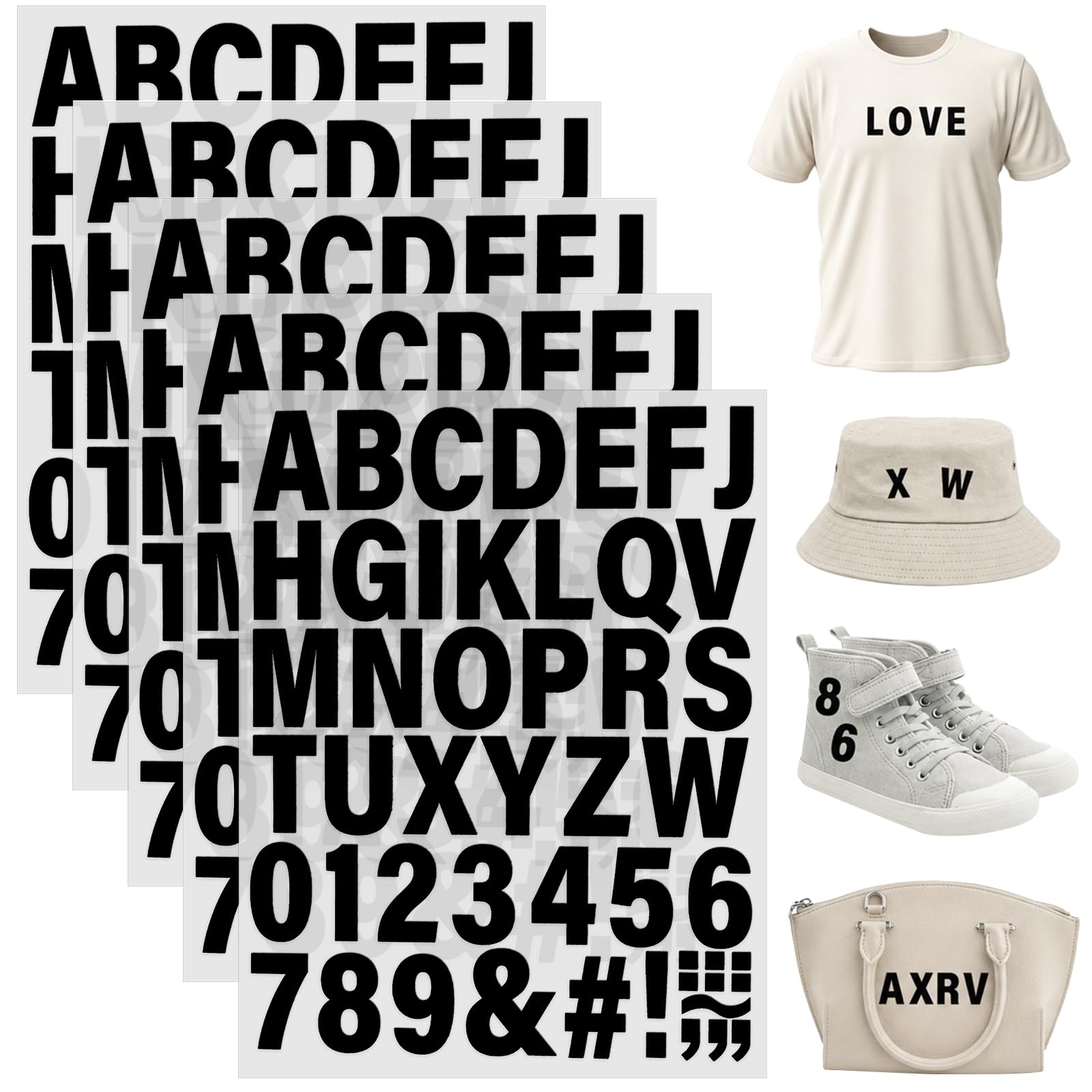 5 Sheets 250 Pcs Iron on Letters and Numbers for Clothing - Heat Transfer Vinyl A-Z, 0-9 Patches for Fabric, DIY Craft Supplies T-Shirt (Black)