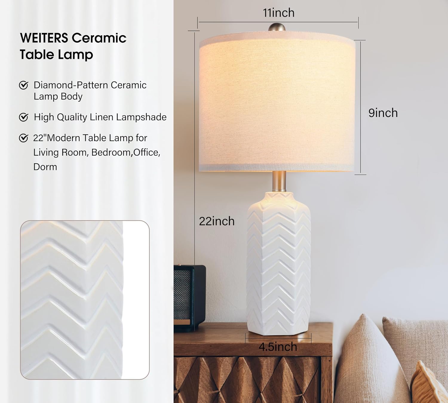 22" Modern Ceramic Table Lamp White Nightstand Lamp Set of 2 Farmhouse Bedside Lamps for Bedroom End Table Lamps for Living Room Office Dorm