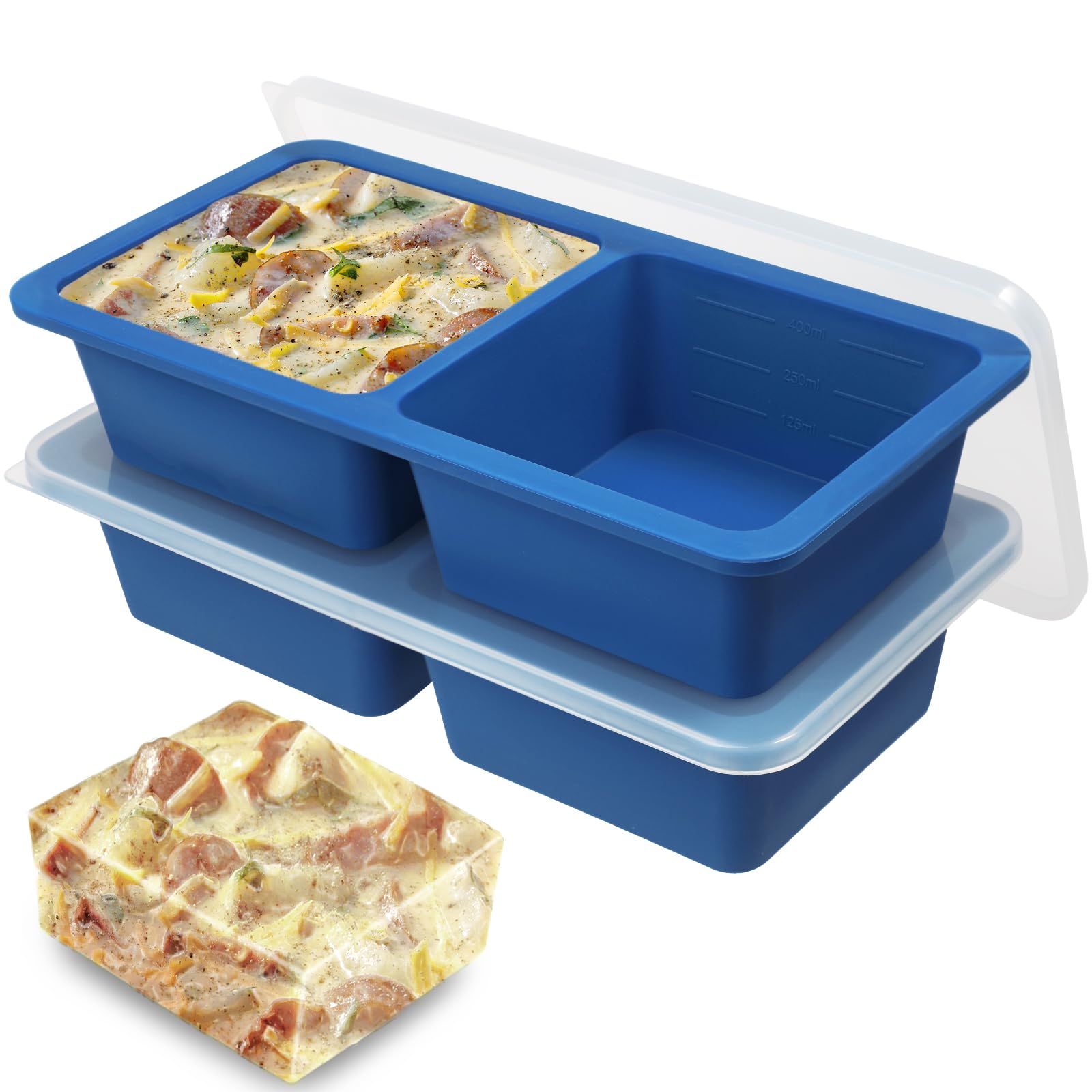 Koluti Nonstick Silicone 2 Soup Freezer Tray with Plastic Lid, 2-Pack 400ML Large Ice Sauce Molds Maker, Stackable Meal Prep Food Storage Freezing Container, Dishwasher Safe & BPA Free