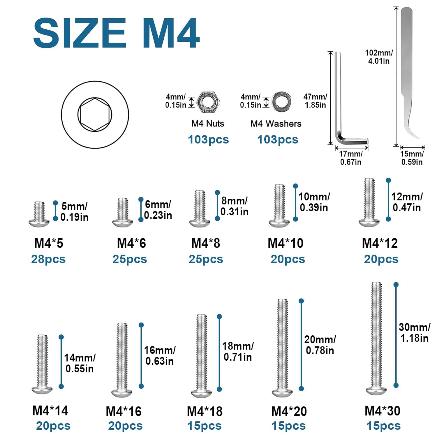 409 pcs Stainless Steel M4 Hex Button Head Socket Cap Bolt Assortment Kit/Screws, Nuts & Washers Set, M4 x 5/6/8/10/12/14/16/18/20/30mm, Reusable Storage Case with Adjustable Dividers