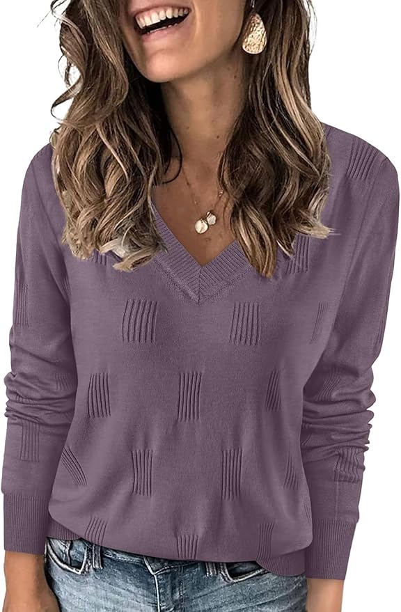 WIHOLL Sweaters for Women V Neck Long Sleeve Tops Fashion Lightweight Pullover Clothes Fall Outfits 2025