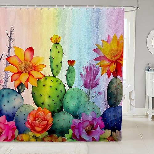 Cortina de ducha de cactus, cortina de baño de plantas del desierto tropical en acuarela, cortina de ducha de teñido anudado para decoración de