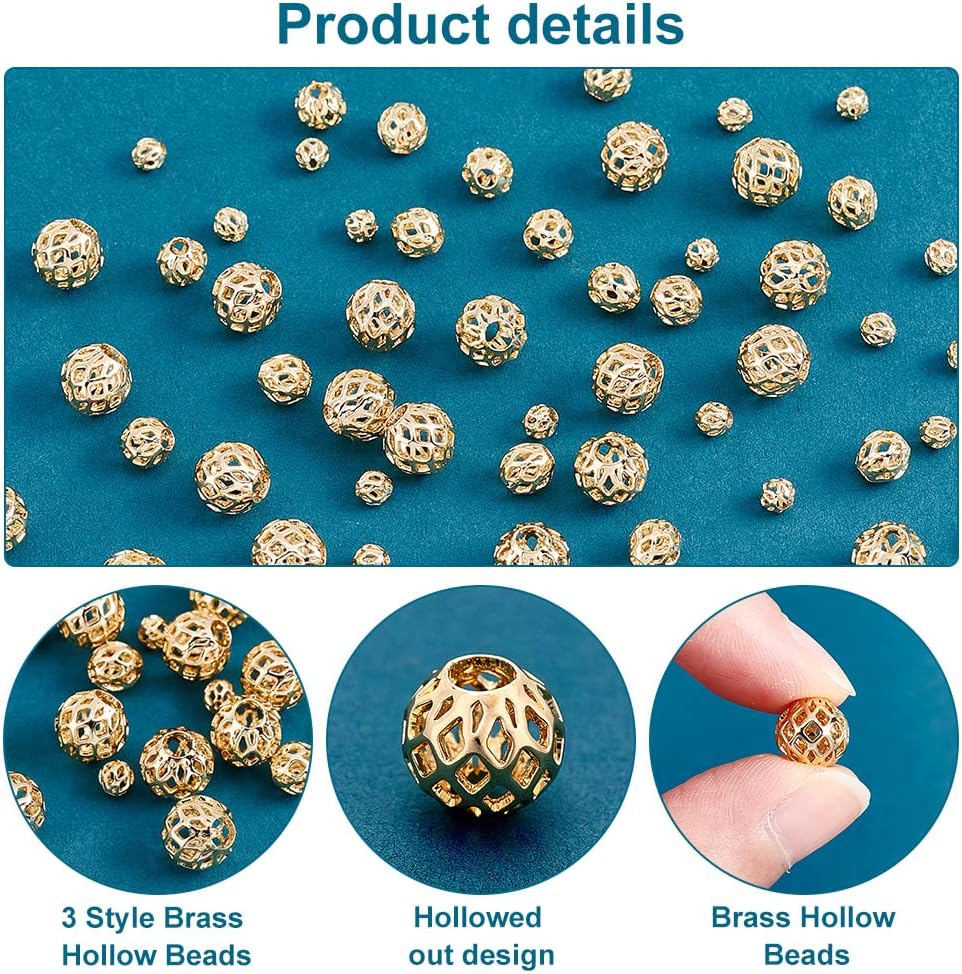 PH PandaHall 60pcs Golden Round Beads, 14K Gold Plated Brass Hollow Beads 4 6 8mm Filigree Beads Metal Spacer Beads Loose Beads for Earrings Bracelet Pendant Waist Chain Necklaces Jewelry DIY Crafts - Image 4